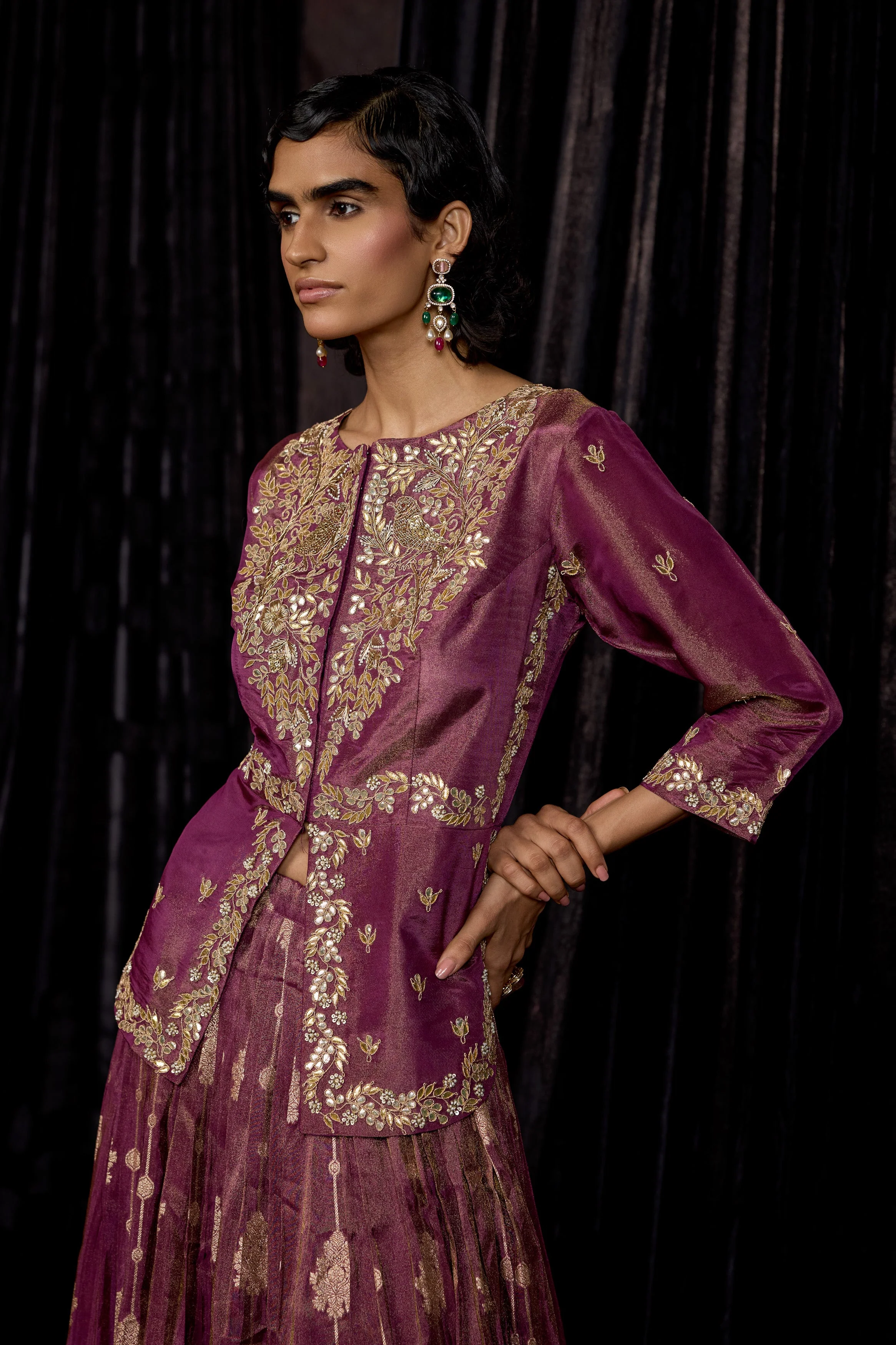 Plum Purple Embellished Shimmer Tissue Silk Skirt Set - Image 3