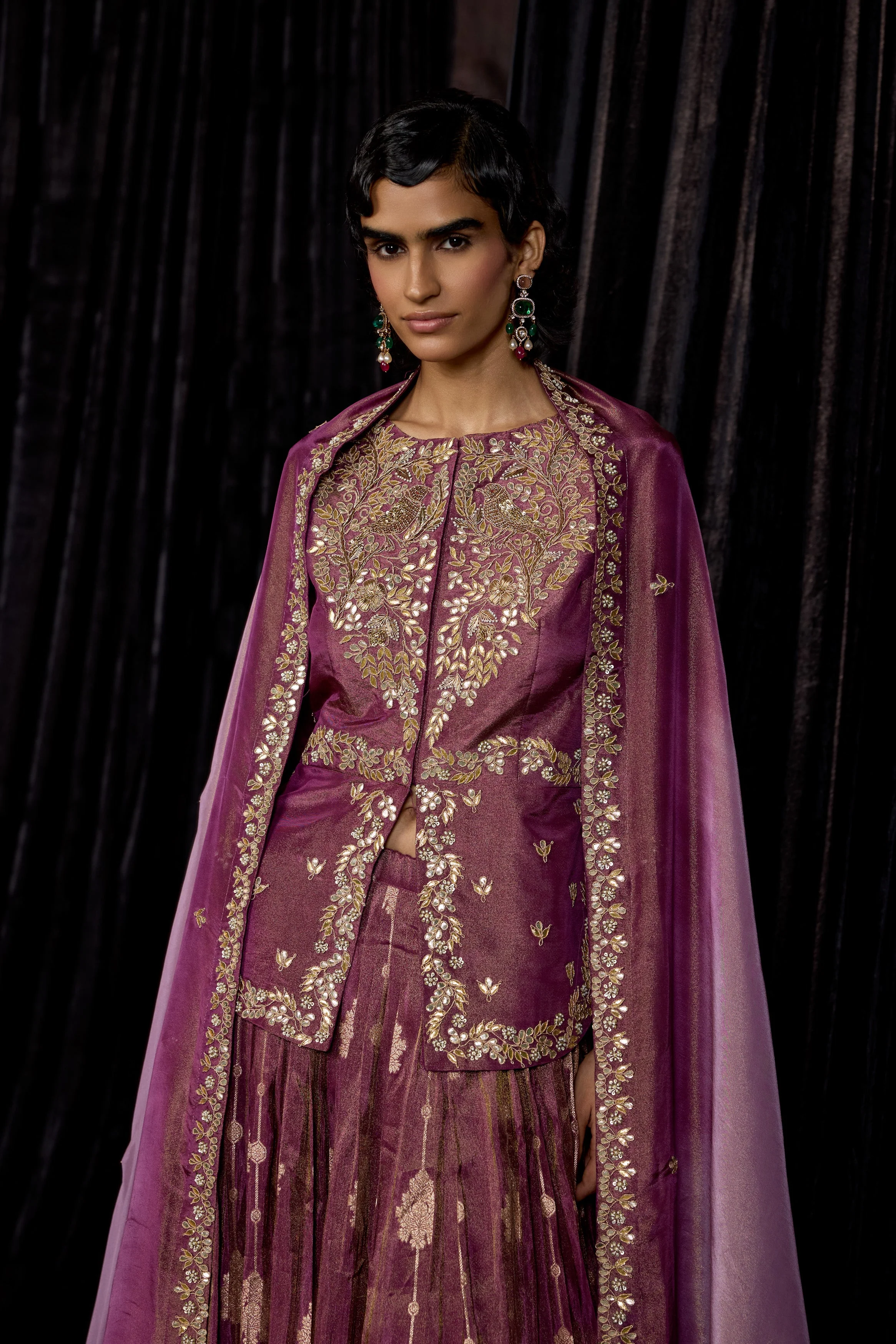 Plum Purple Embellished Shimmer Tissue Silk Skirt Set - Image 4