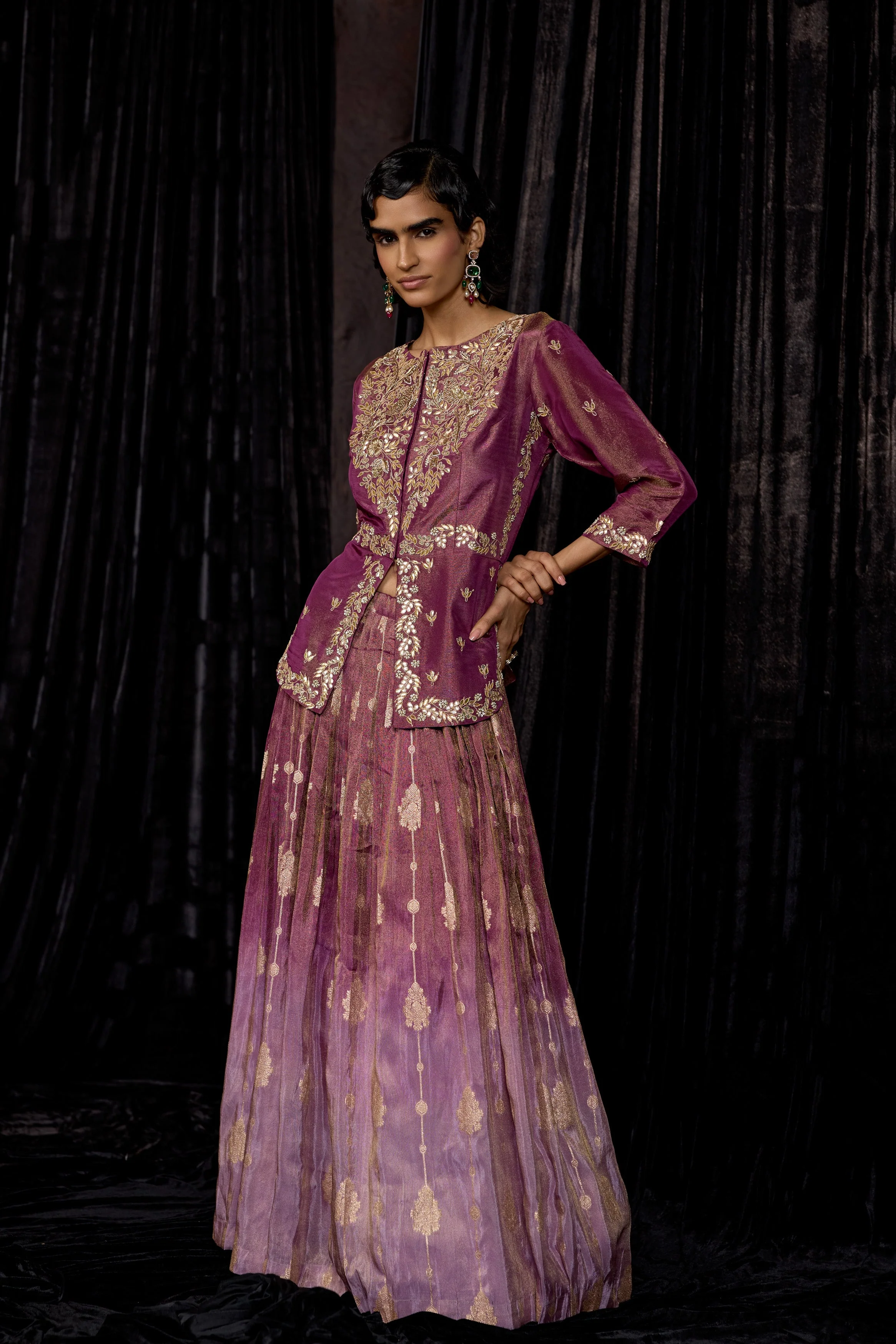 Plum Purple Embellished Shimmer Tissue Silk Skirt Set - Image 5