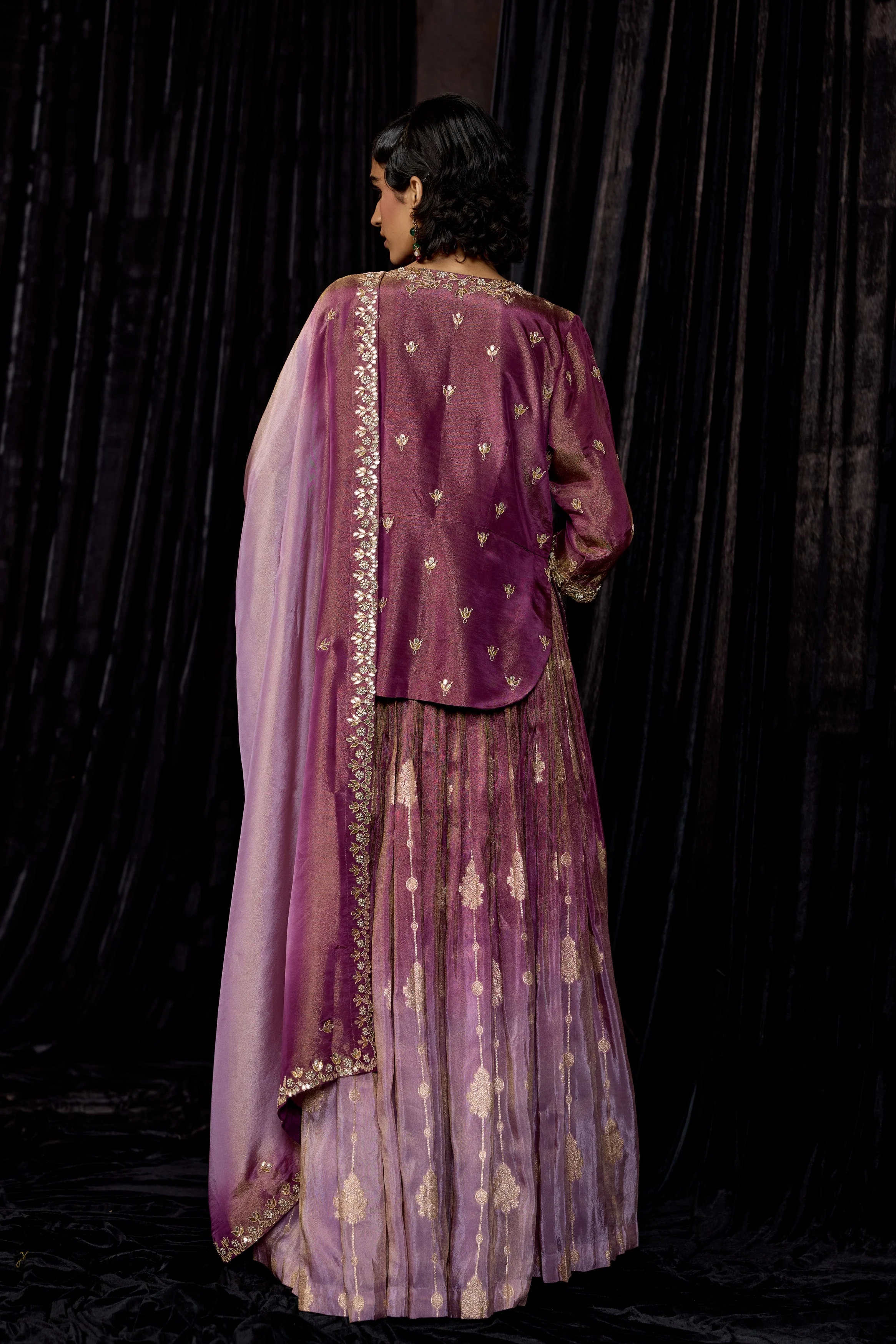 Plum Purple Embellished Shimmer Tissue Silk Skirt Set - Image 6