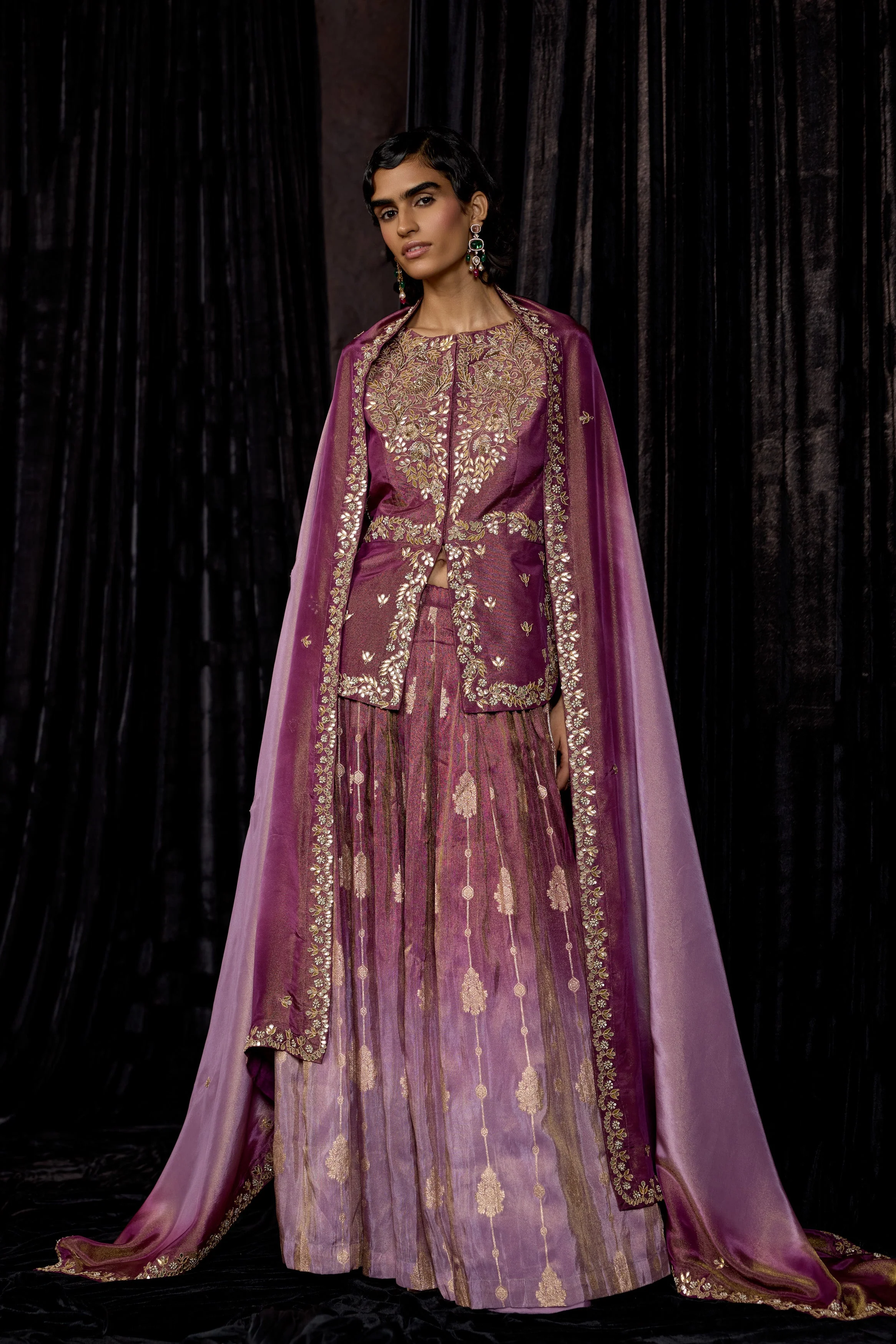 Plum Purple Embellished Shimmer Tissue Silk Skirt Set - Image 7
