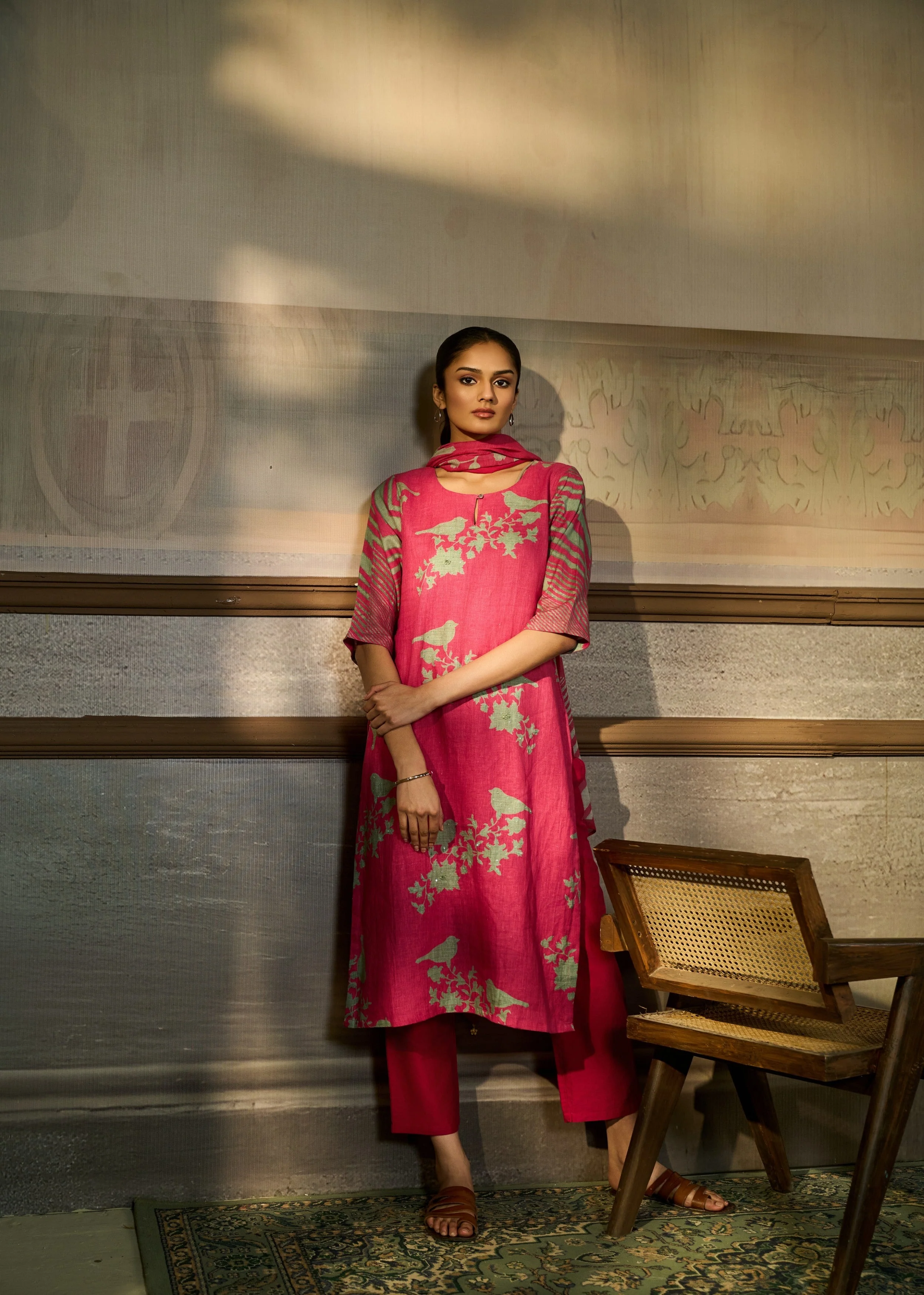 Magenta Pink Printed Linen Pant Set