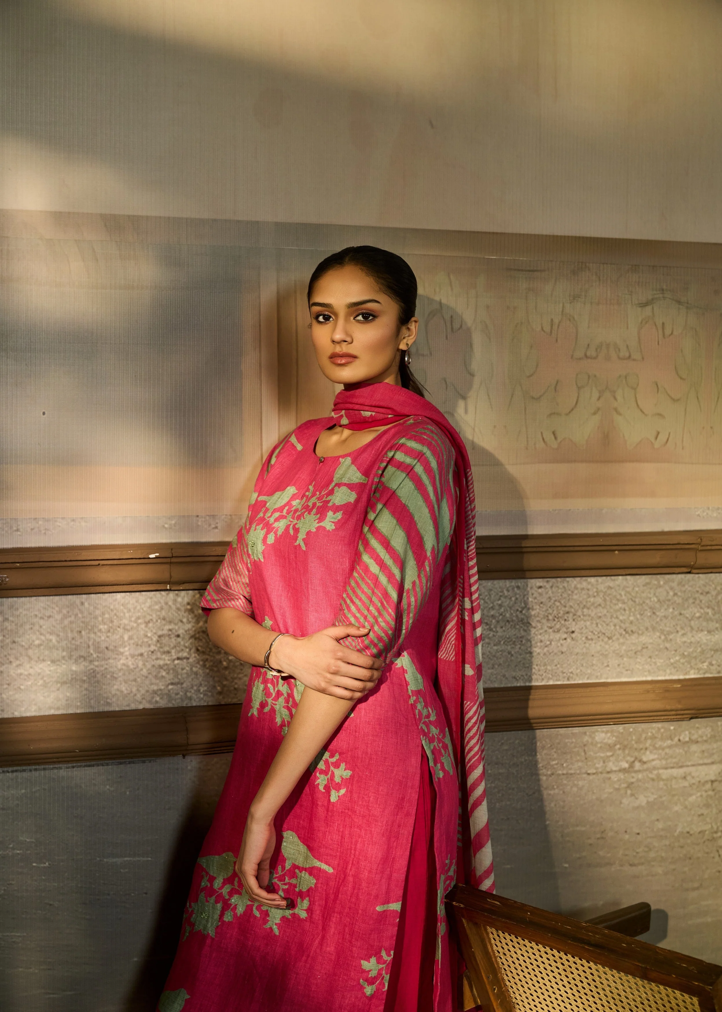 Magenta Pink Printed Linen Pant Set - Image 2