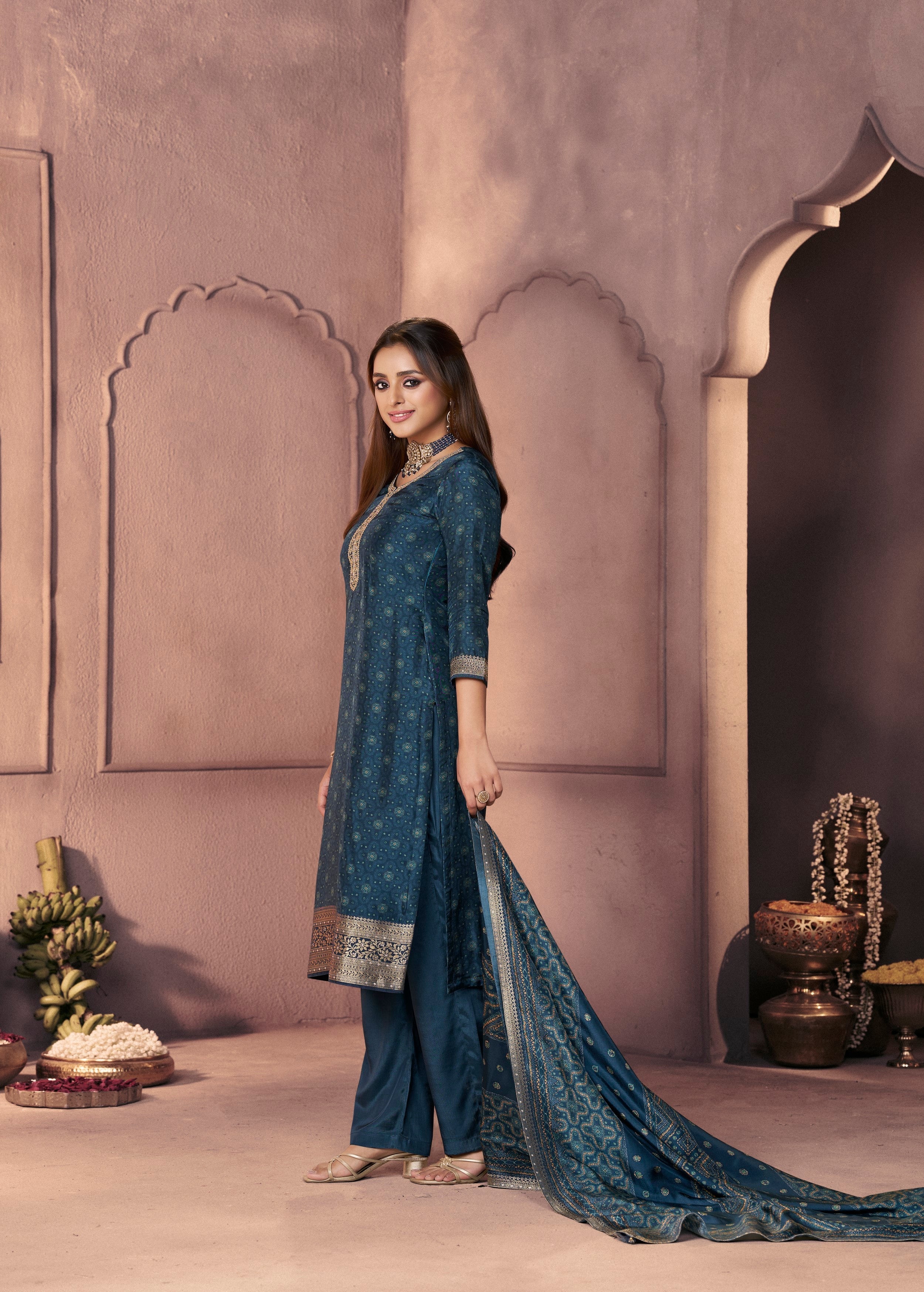 Deep Teal Printed Dola Silk Pant Set - Image 2