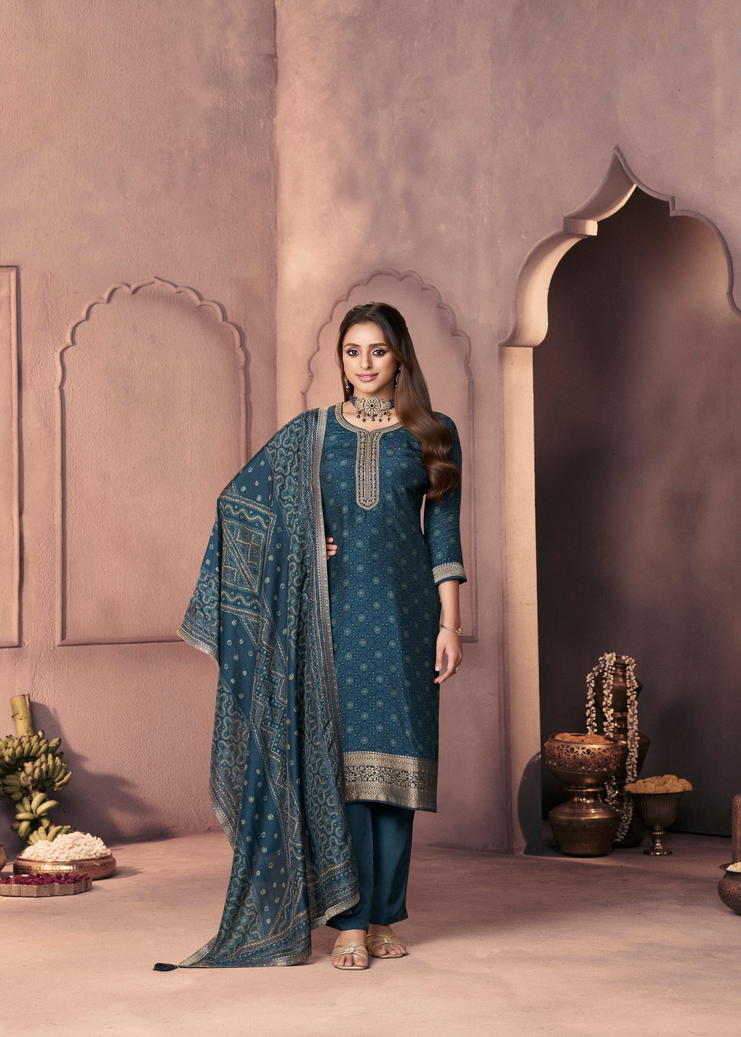 Deep Teal Printed Dola Silk Pant Set - Image 3