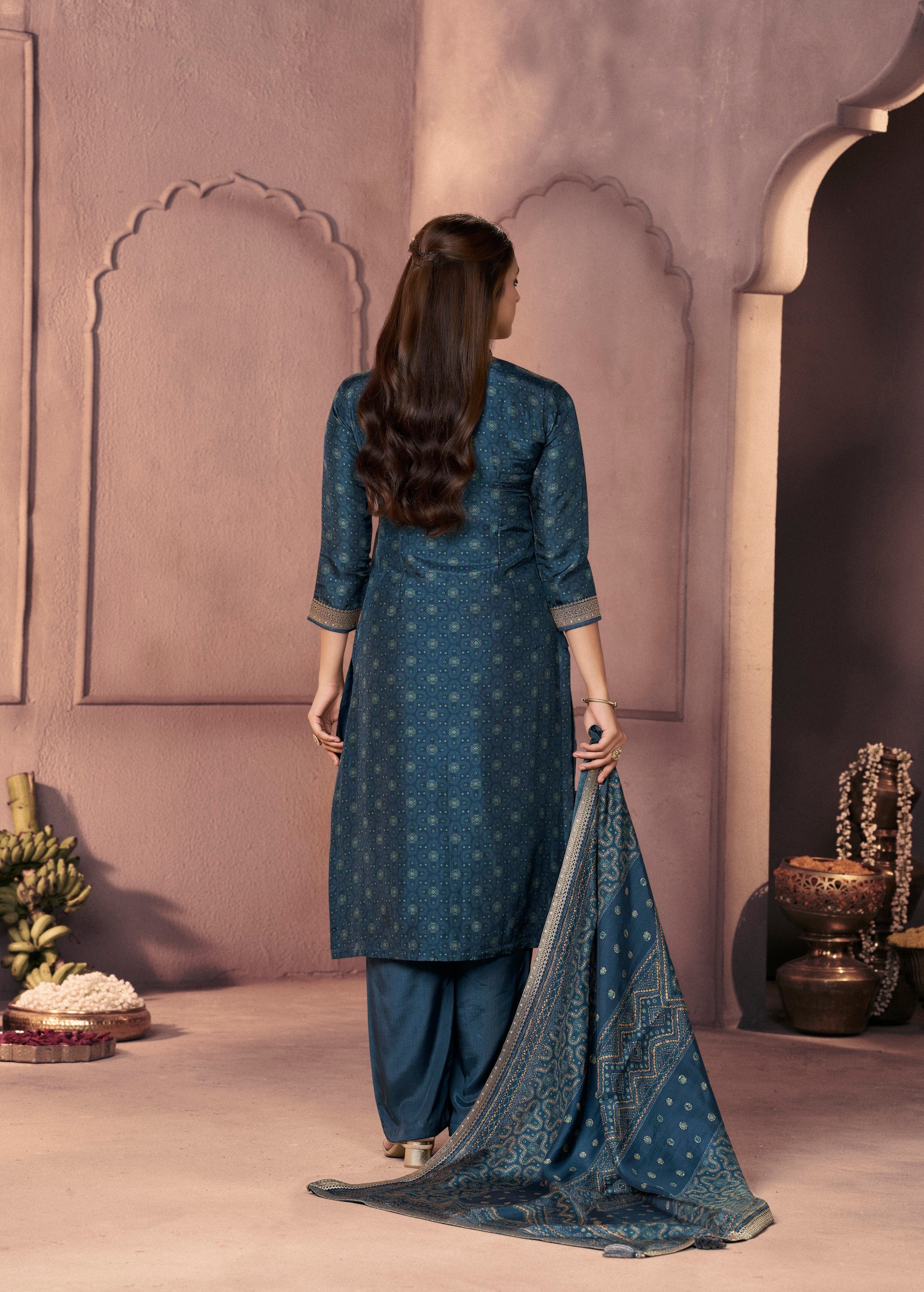 Deep Teal Printed Dola Silk Pant Set - Image 4