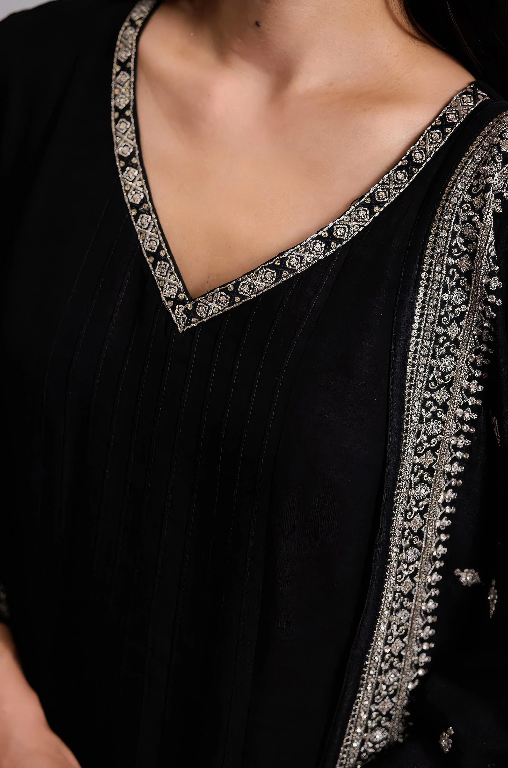 Midnight Black Embellished Chinon Silk Pant Set - Image 2