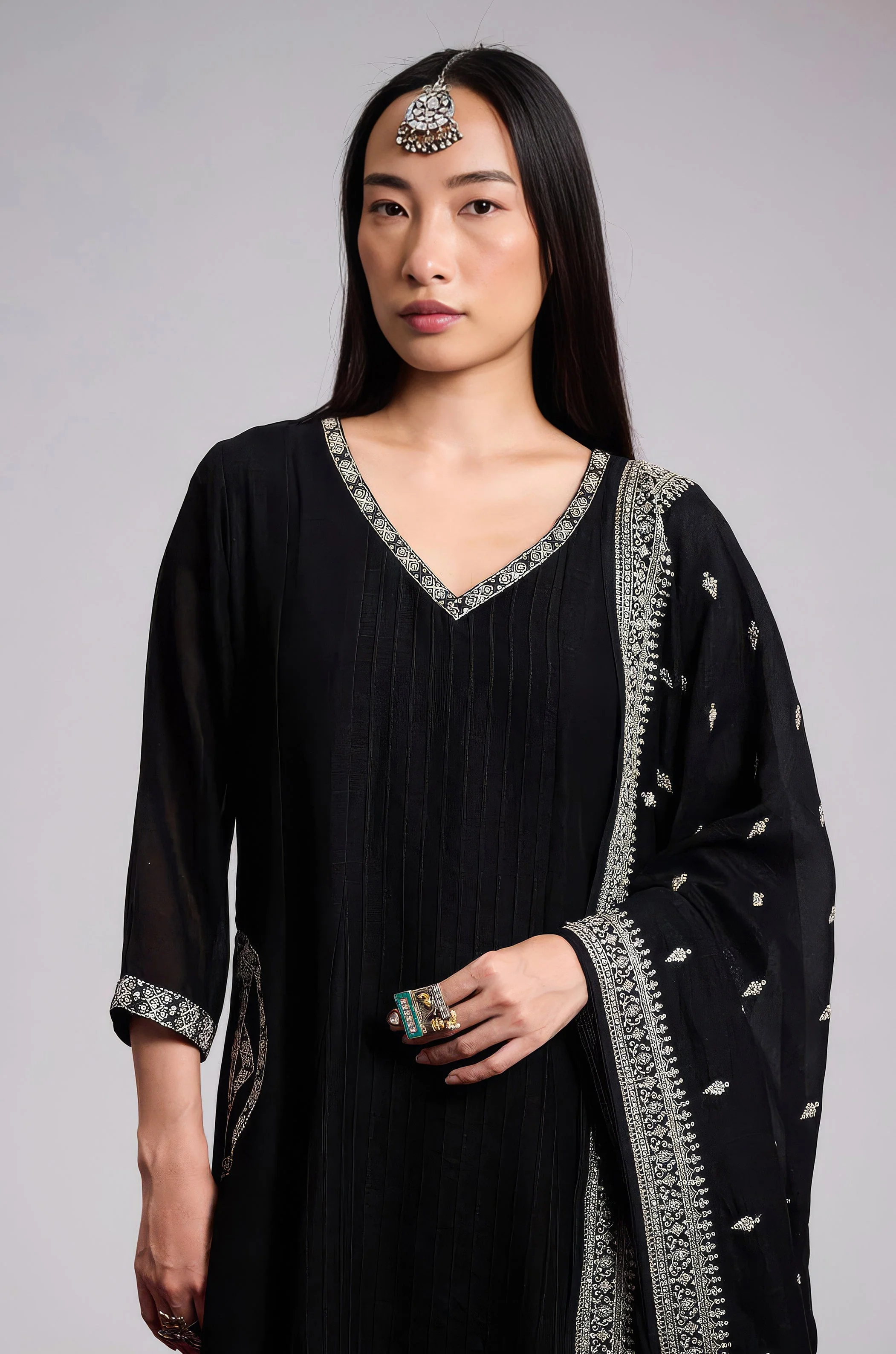 Midnight Black Embellished Chinon Silk Pant Set - Image 3