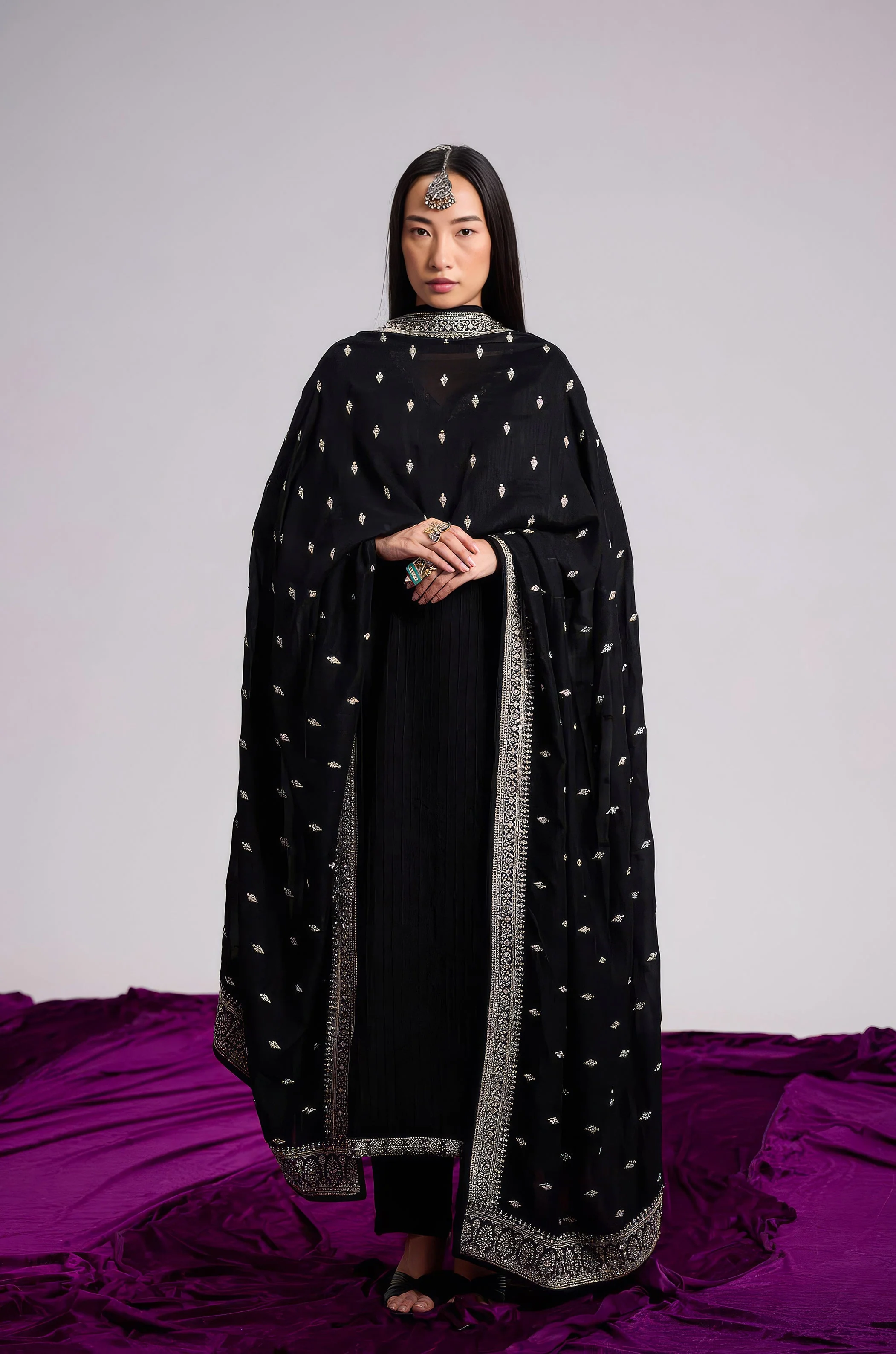 Midnight Black Embellished Chinon Silk Pant Set - Image 4