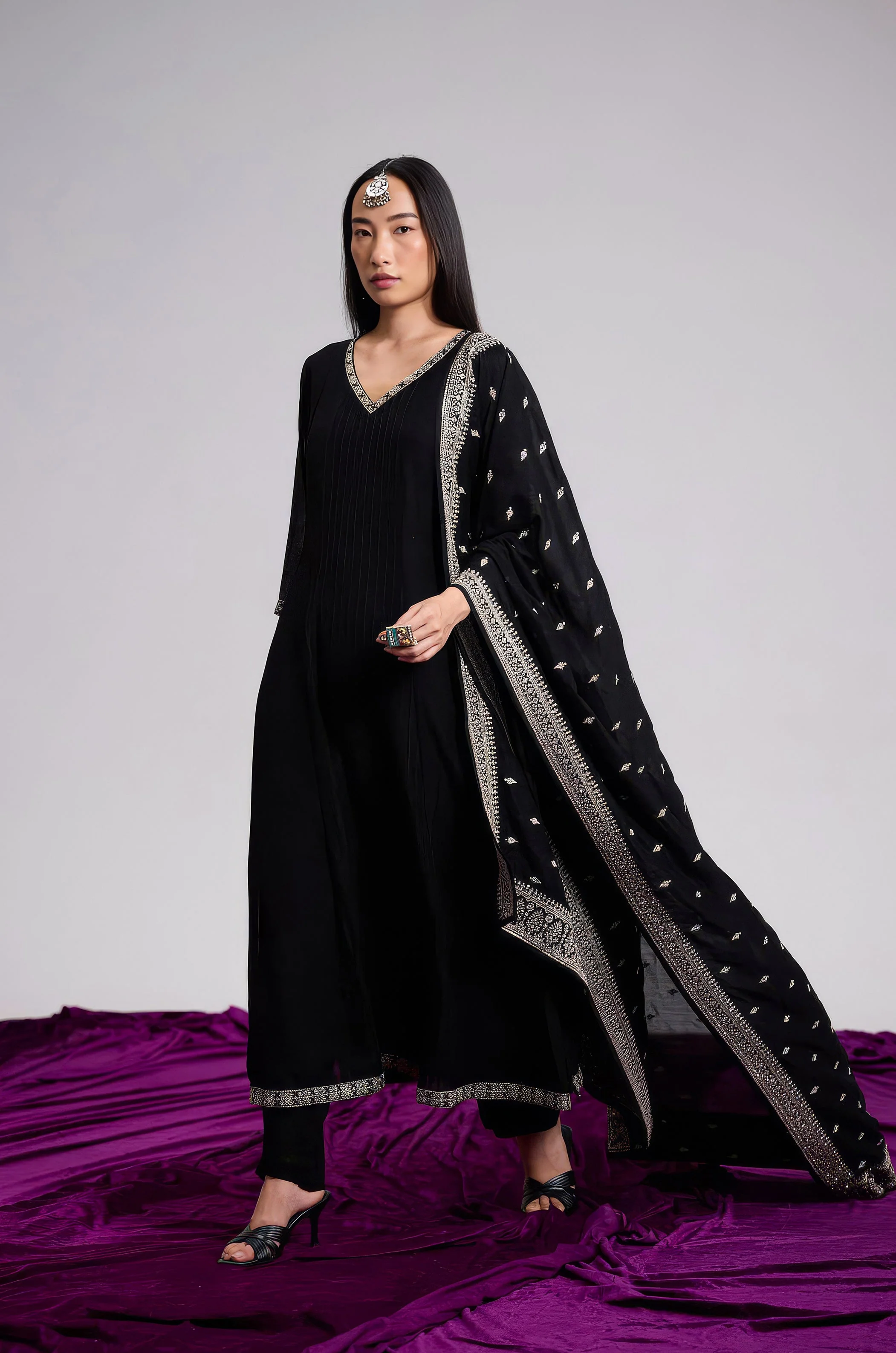 Midnight Black Embellished Chinon Silk Pant Set - Image 5