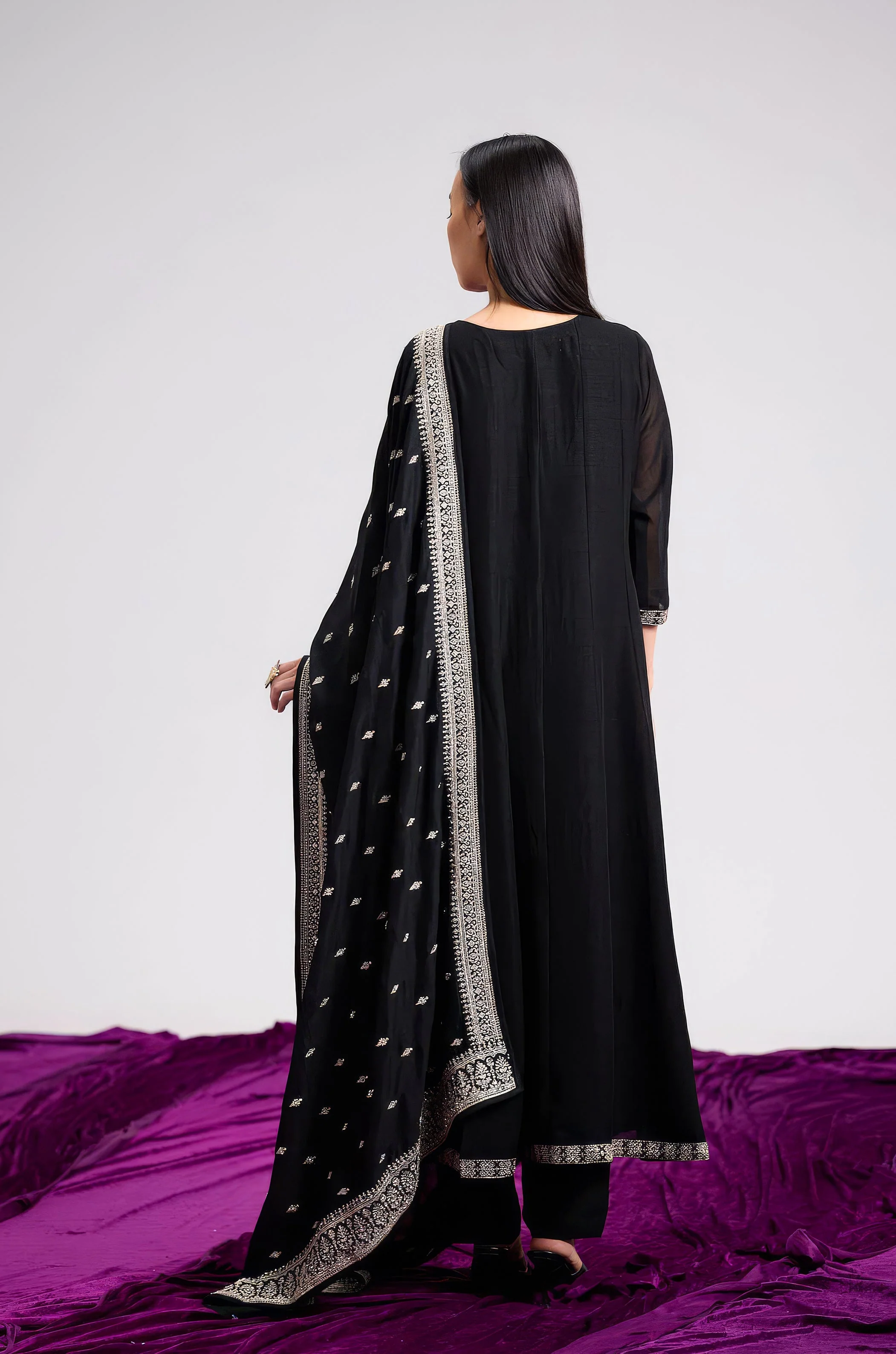 Midnight Black Embellished Chinon Silk Pant Set - Image 6