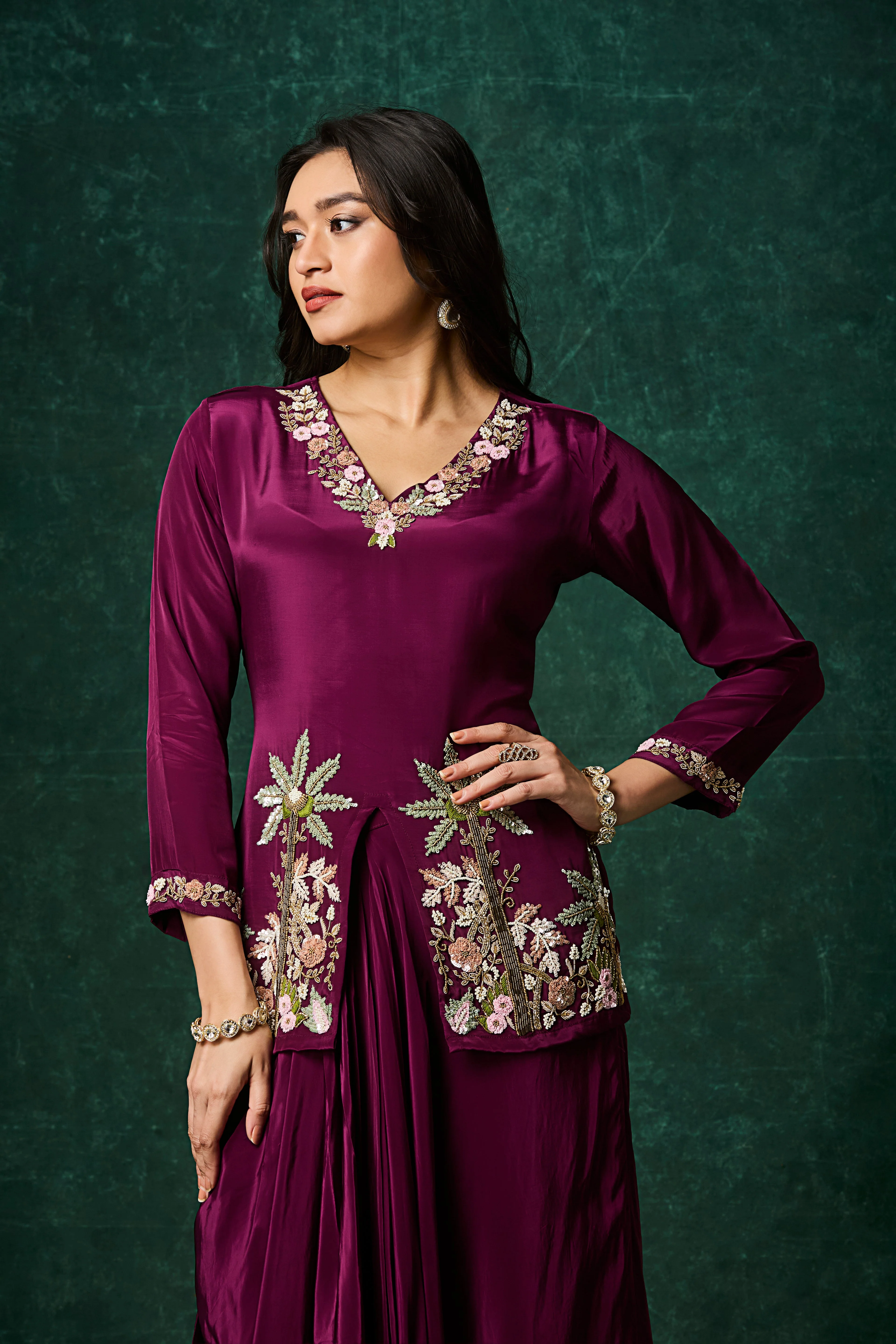 Wine Purple Embellished Crepe Silk Skirt Set - Image 2