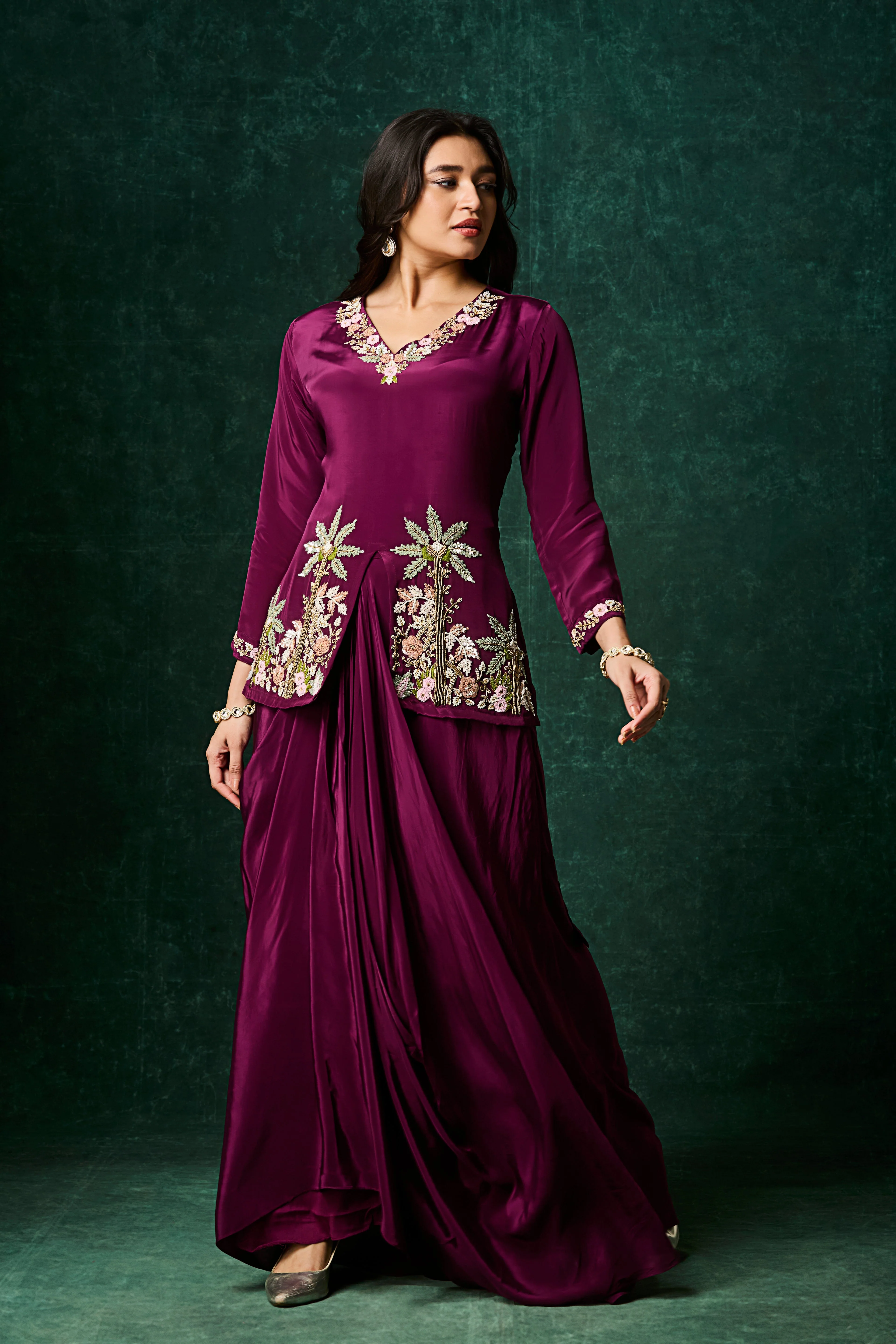 Wine Purple Embellished Crepe Silk Skirt Set - Image 3