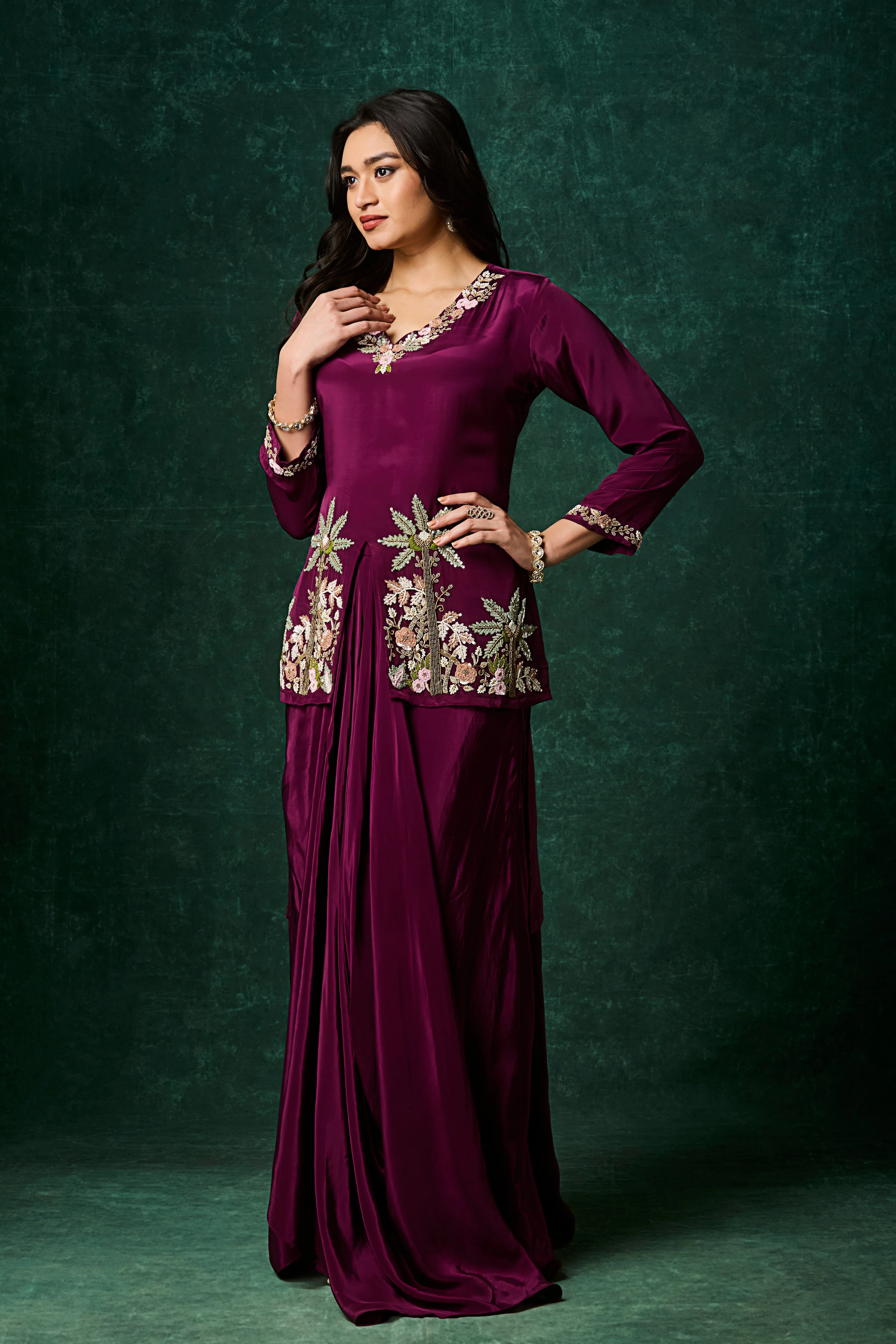 Wine Purple Embellished Crepe Silk Skirt Set - Image 4
