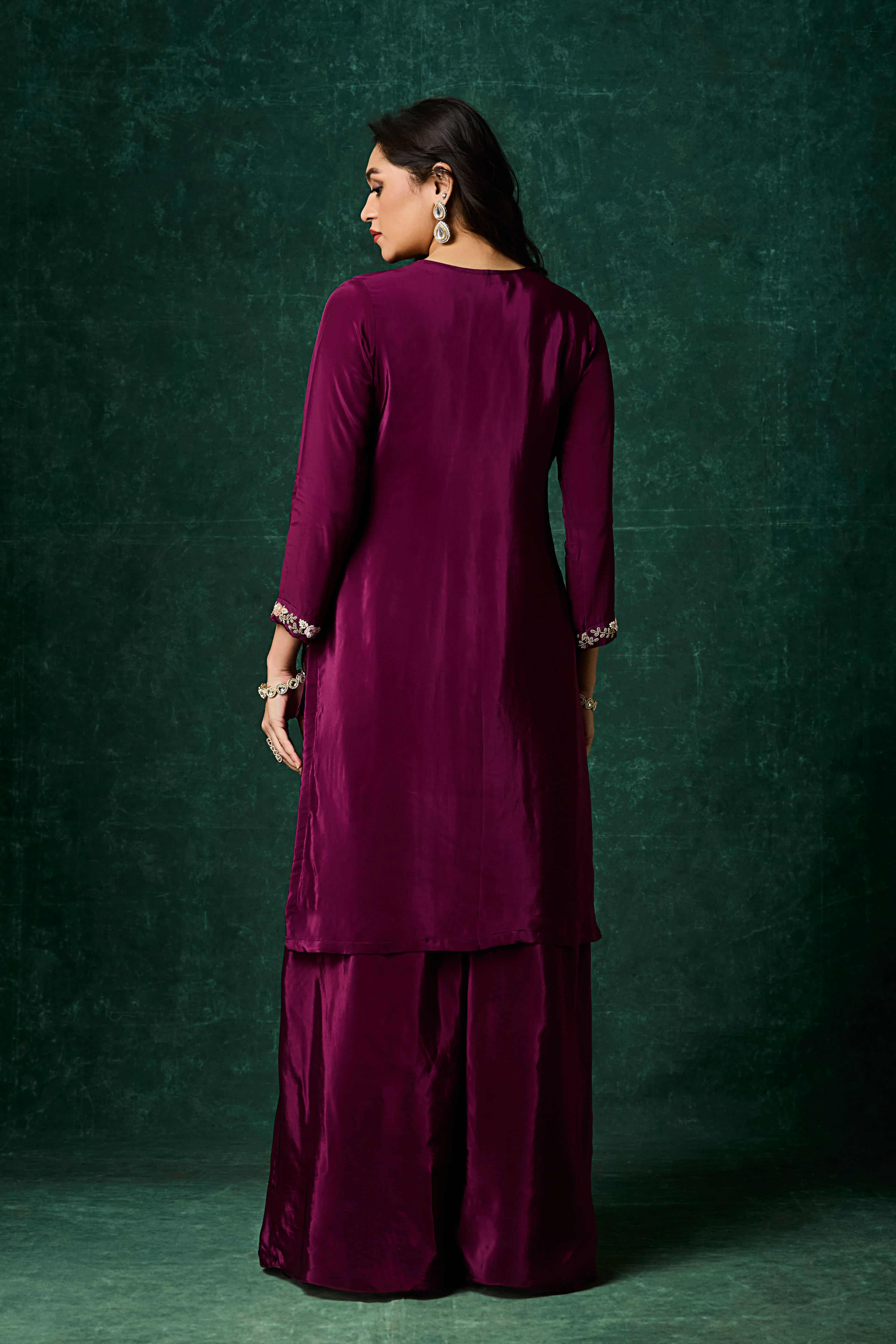 Wine Purple Embellished Crepe Silk Skirt Set - Image 5