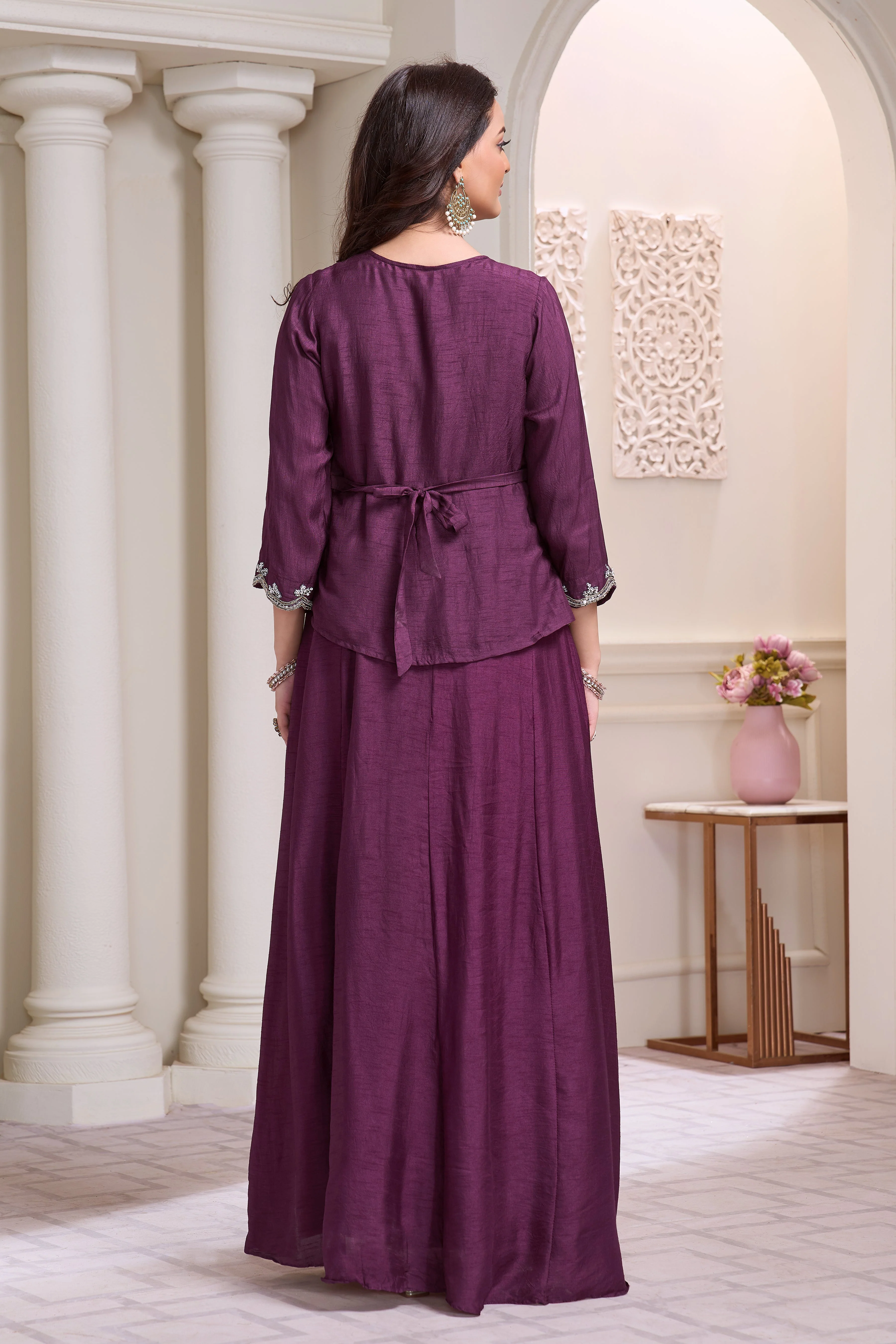 Majestic Plum Embellished Raw Silk Gown - Image 3