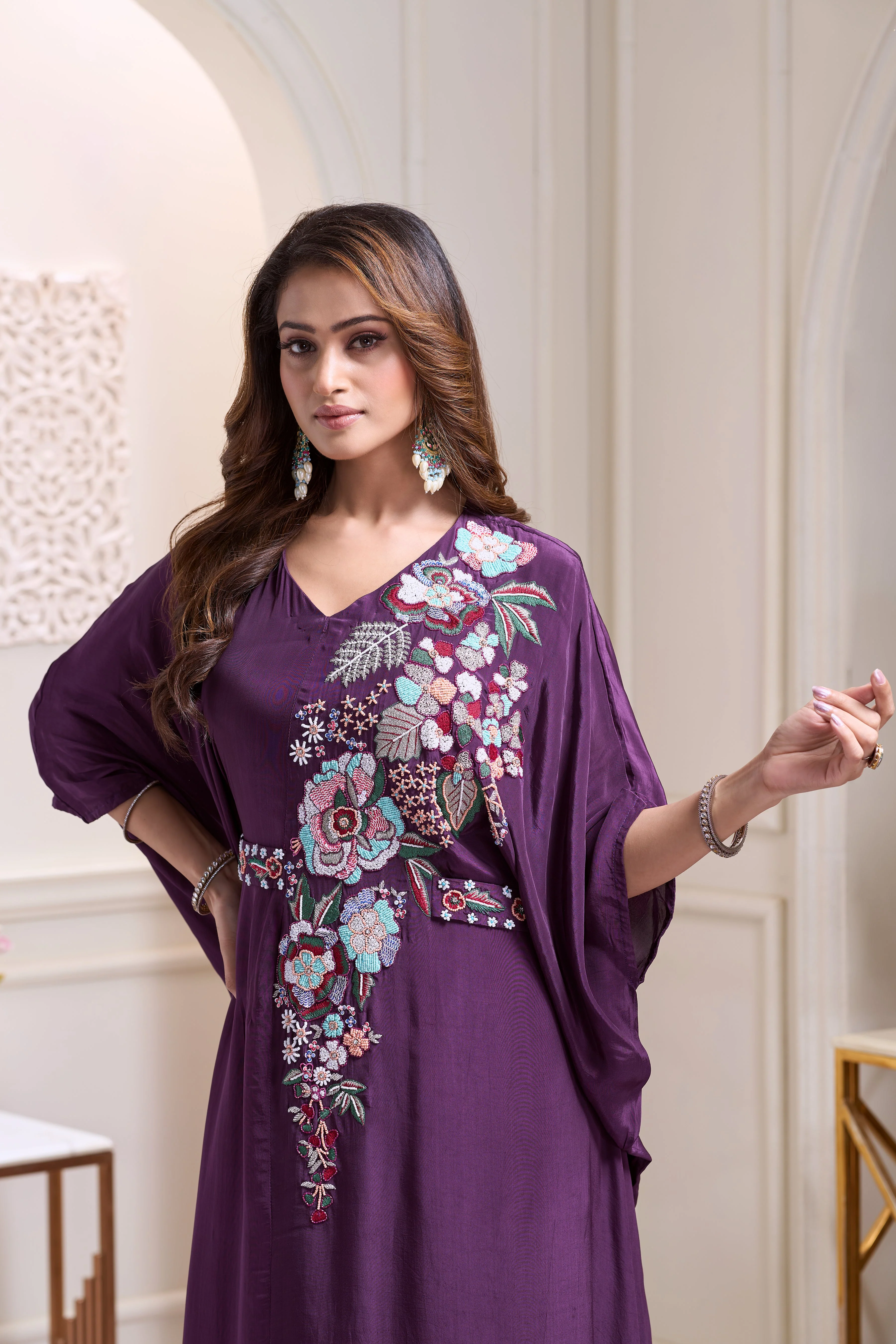 Majestic Purple Embellished Chinon Silk Kaftan Set - Image 2