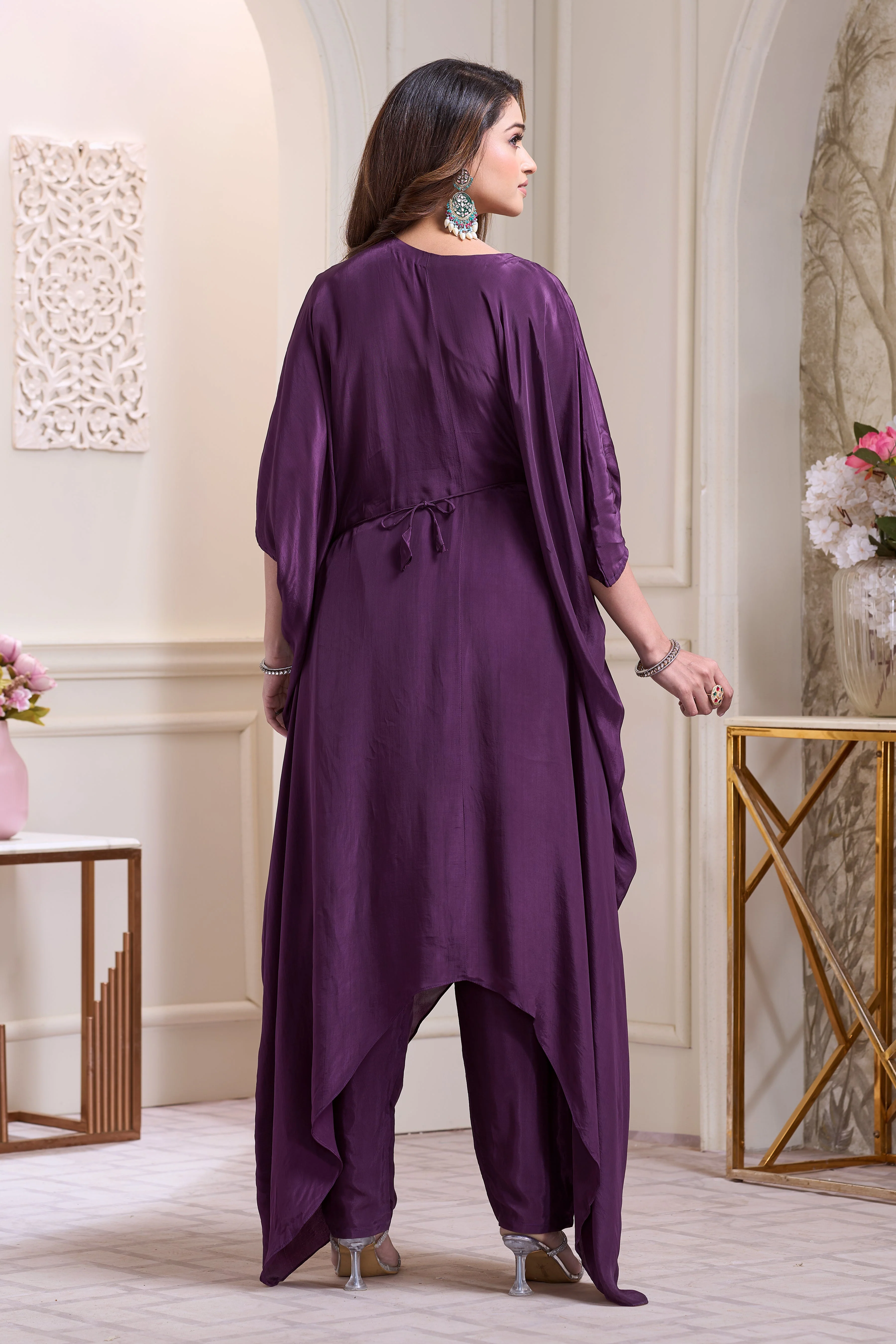 Majestic Purple Embellished Chinon Silk Kaftan Set - Image 3