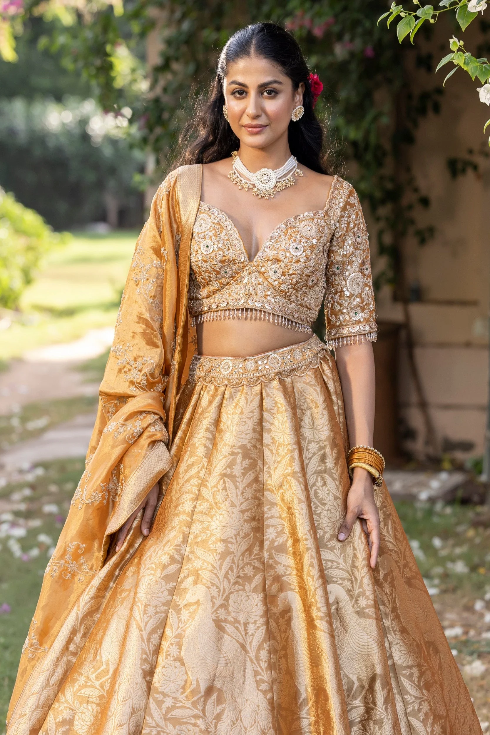 Marigold Embellished Banarasi Silk Lehenga Set - Image 2
