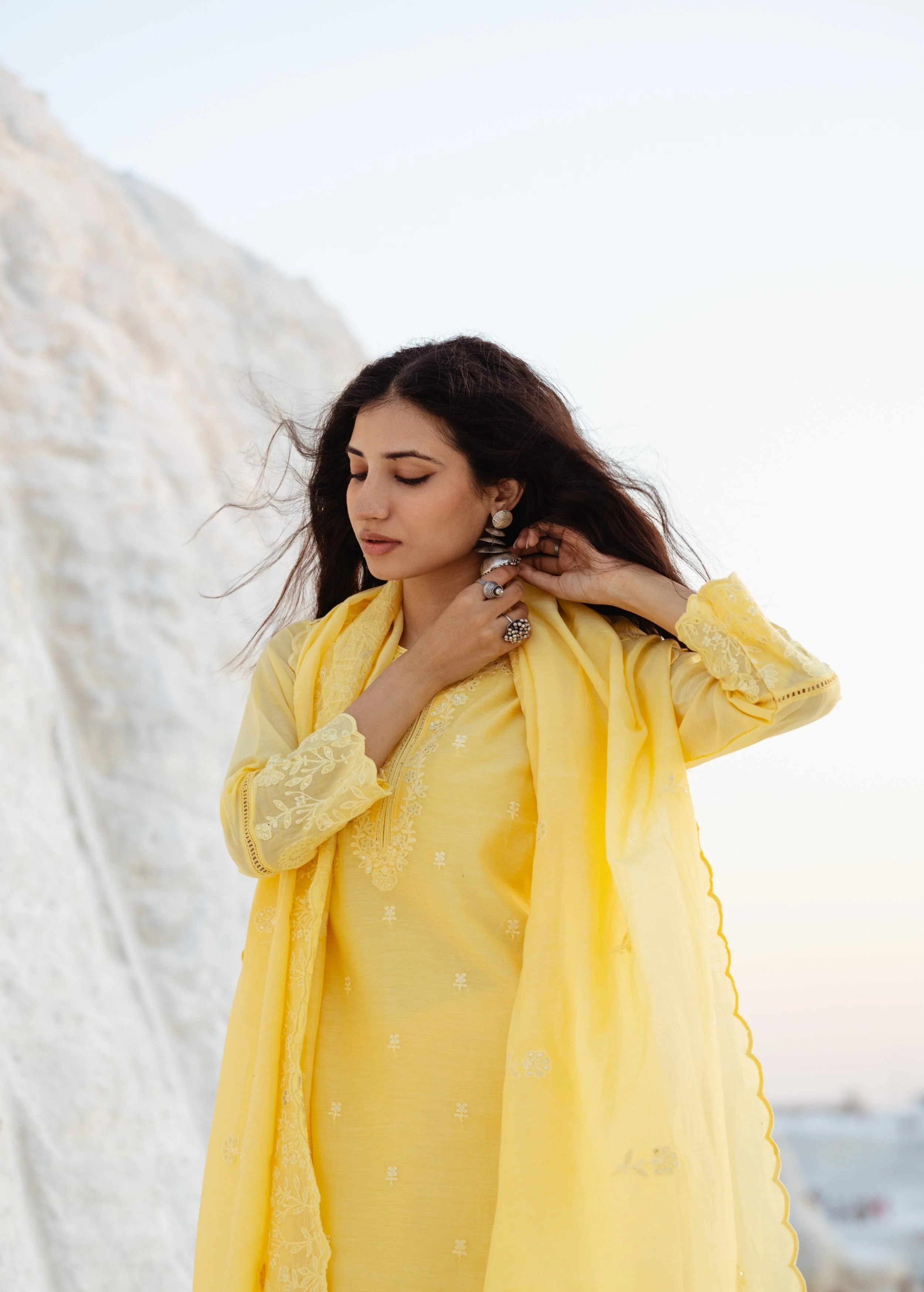 Lemon Embroidered Mul-Chanderi Silk Pant Set - Image 3