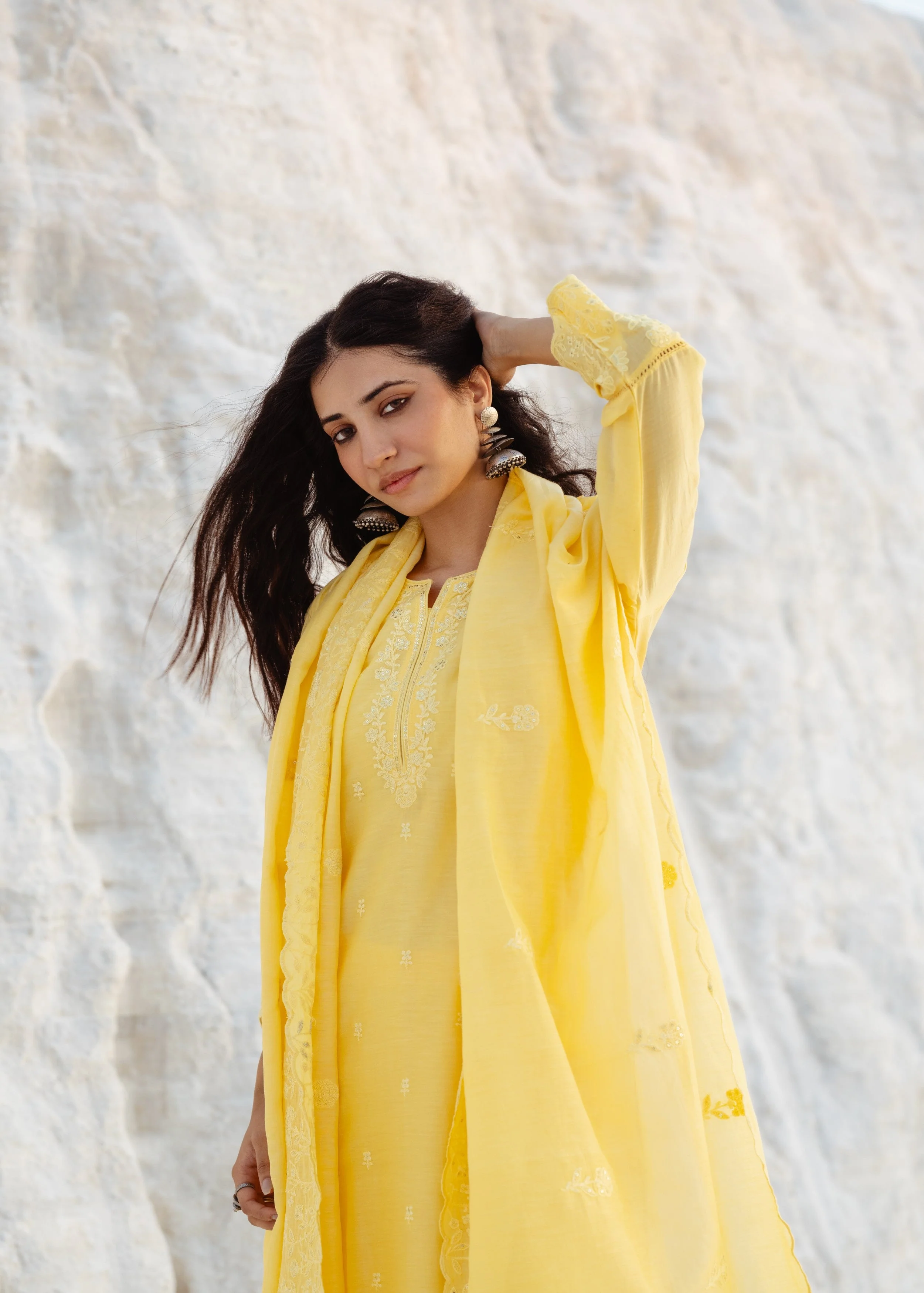 Lemon Embroidered Mul-Chanderi Silk Pant Set - Image 4