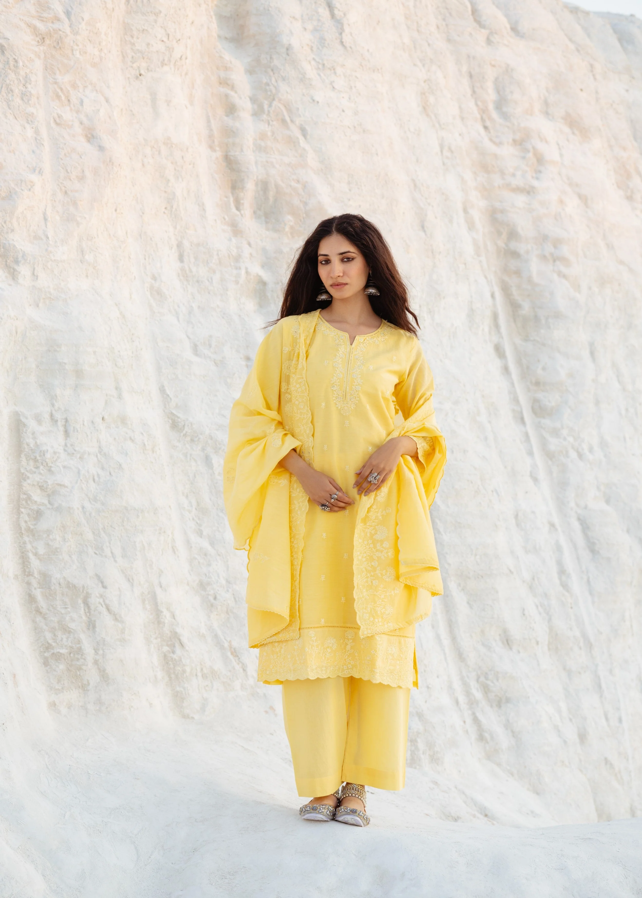 Lemon Embroidered Mul-Chanderi Silk Pant Set - Image 5
