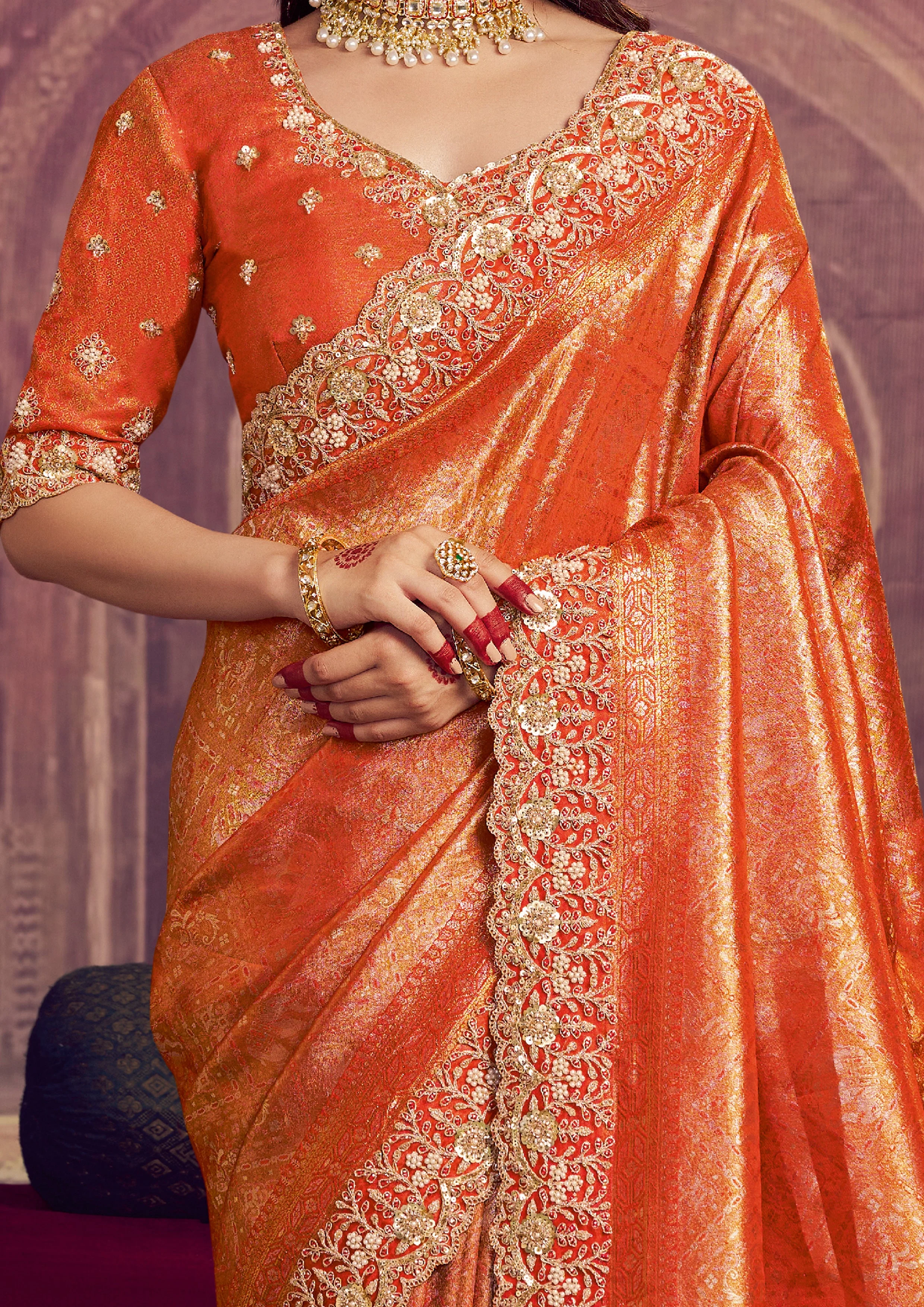 Marigold Orange Embellished Kanjivaram Silk Saree - Image 2