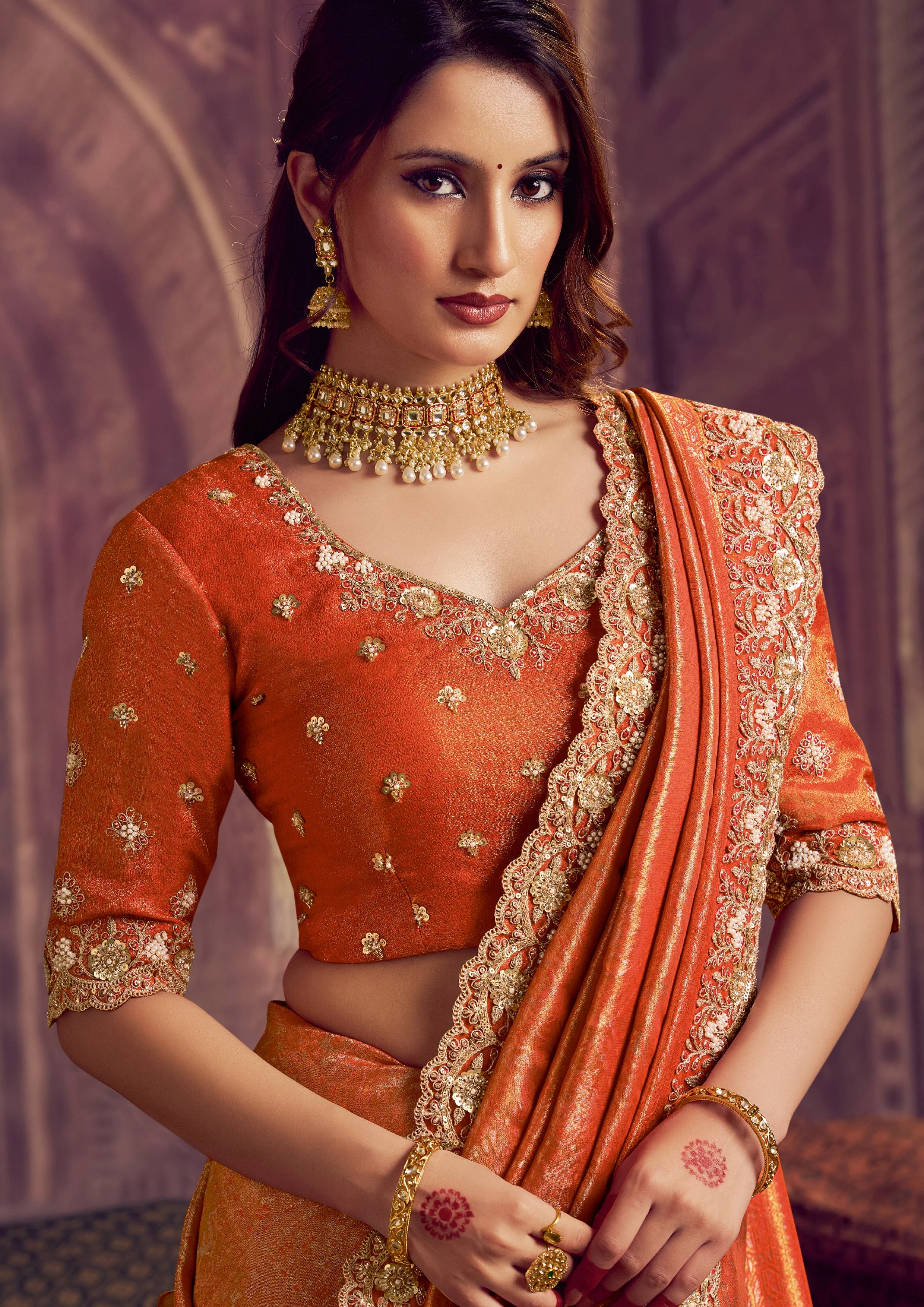 Marigold Orange Embellished Kanjivaram Silk Saree - Image 3
