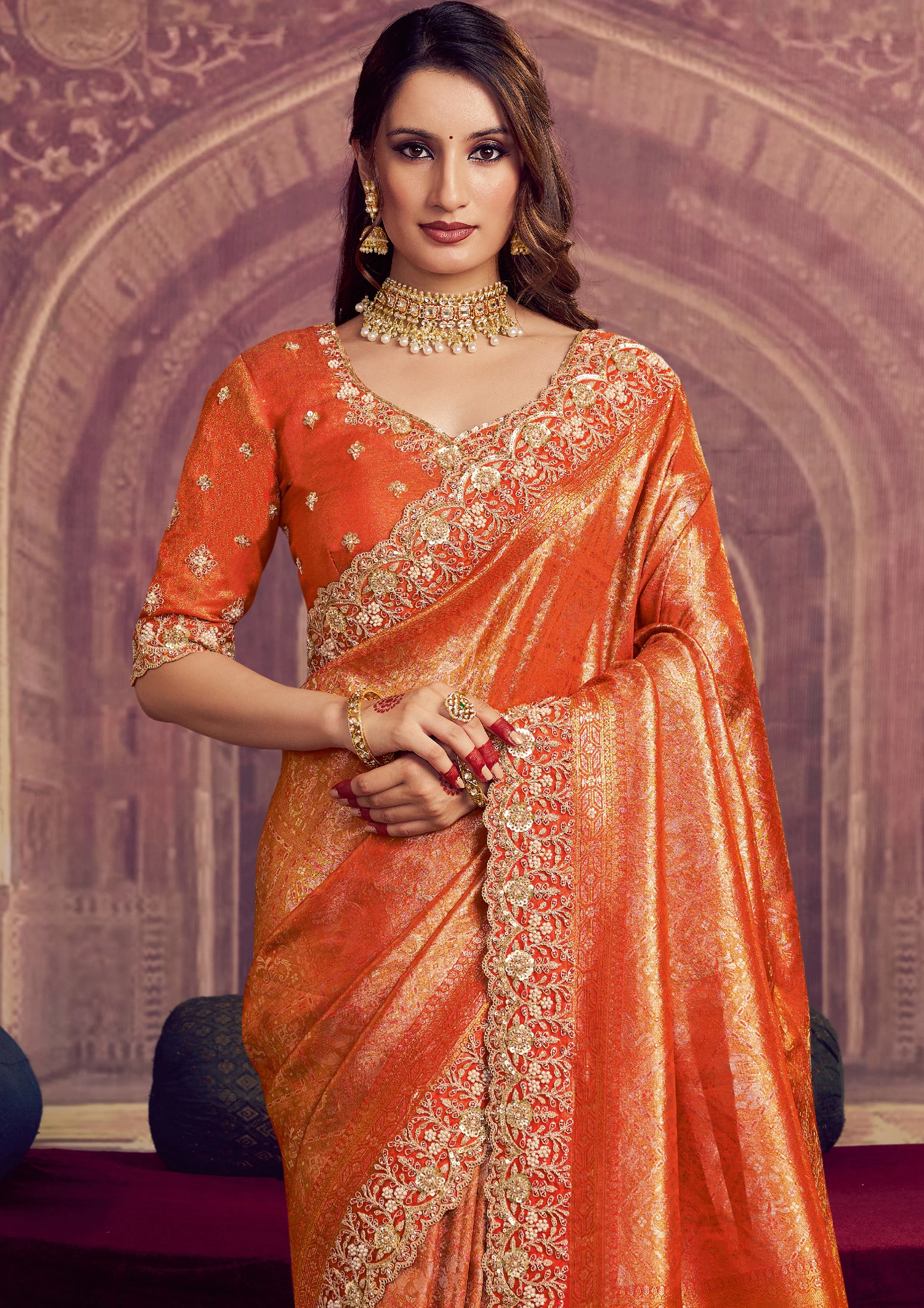 Marigold Orange Embellished Kanjivaram Silk Saree - Image 4