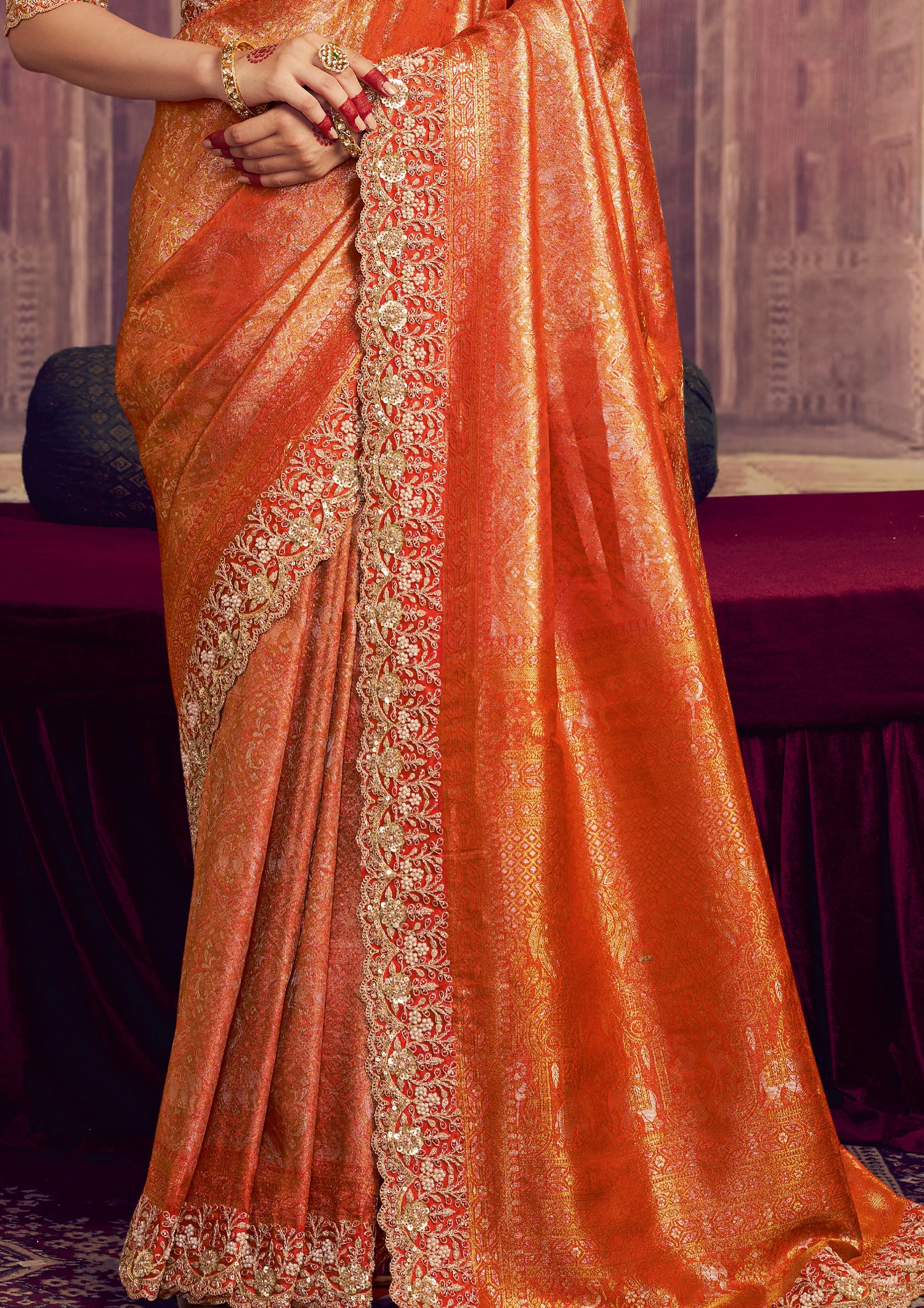 Marigold Orange Embellished Kanjivaram Silk Saree - Image 5