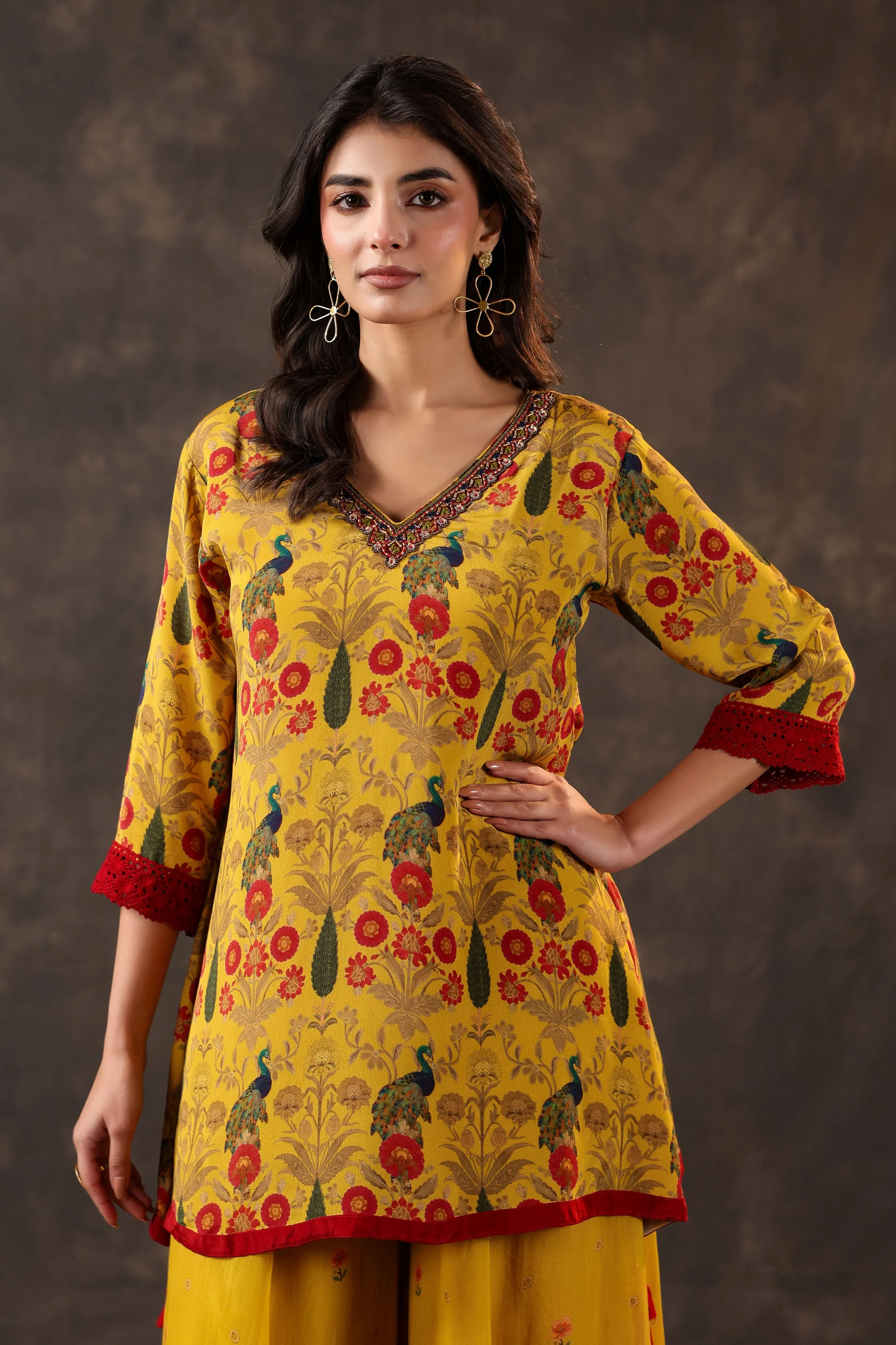 Marigold Peacock Printed Crepe Silk Palazzo Set - Image 2