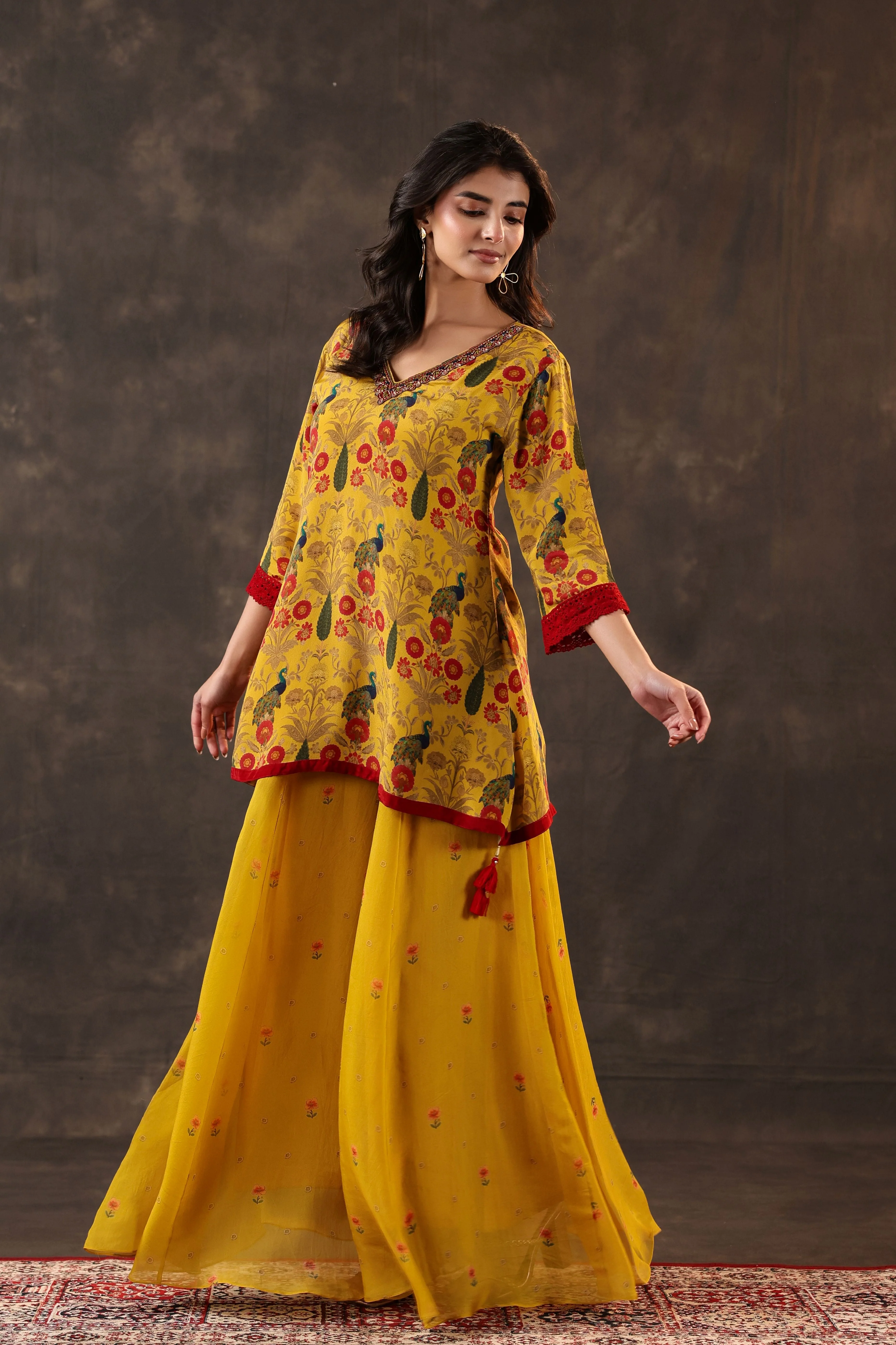Marigold Peacock Printed Crepe Silk Palazzo Set - Image 3