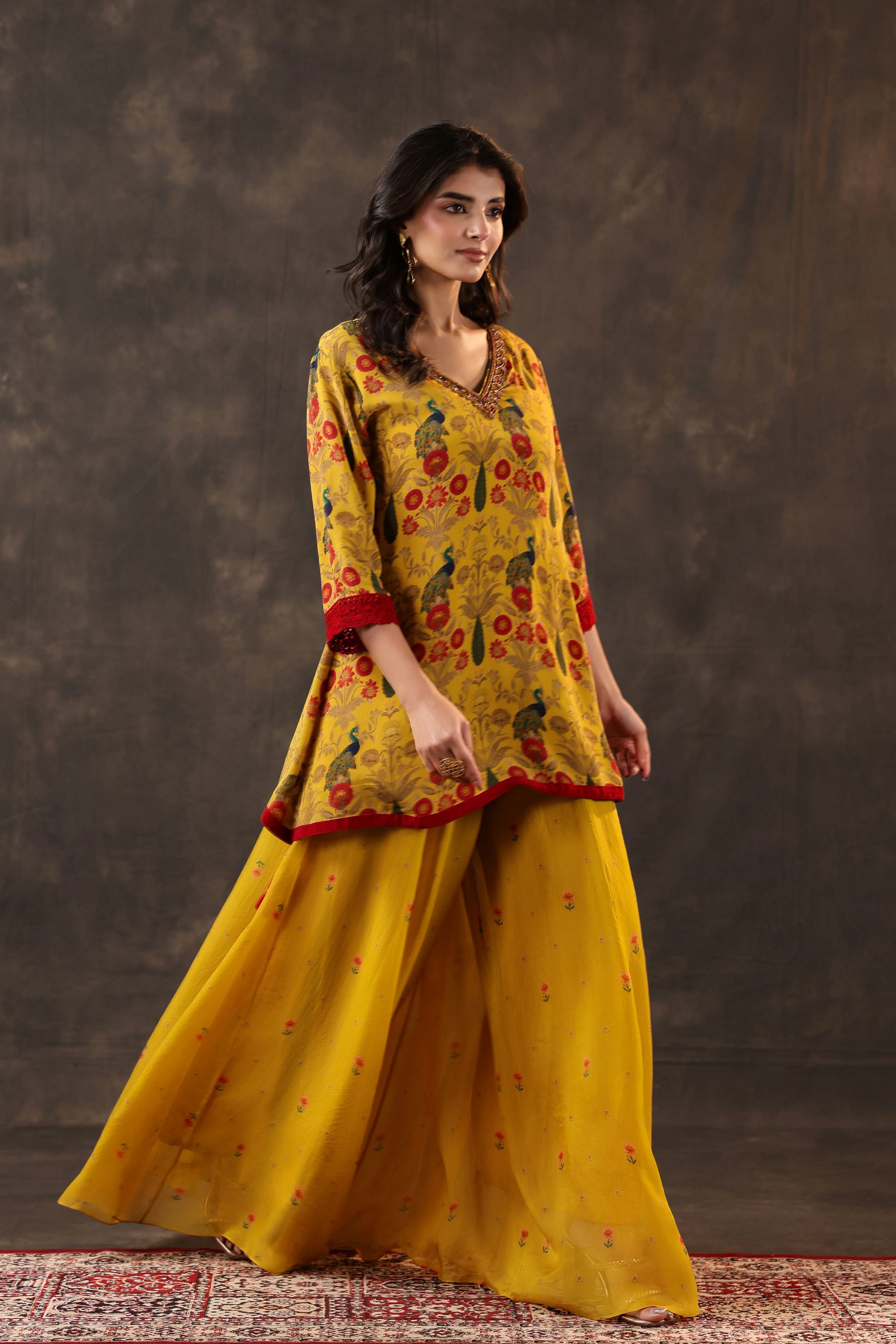Marigold Peacock Printed Crepe Silk Palazzo Set - Image 4