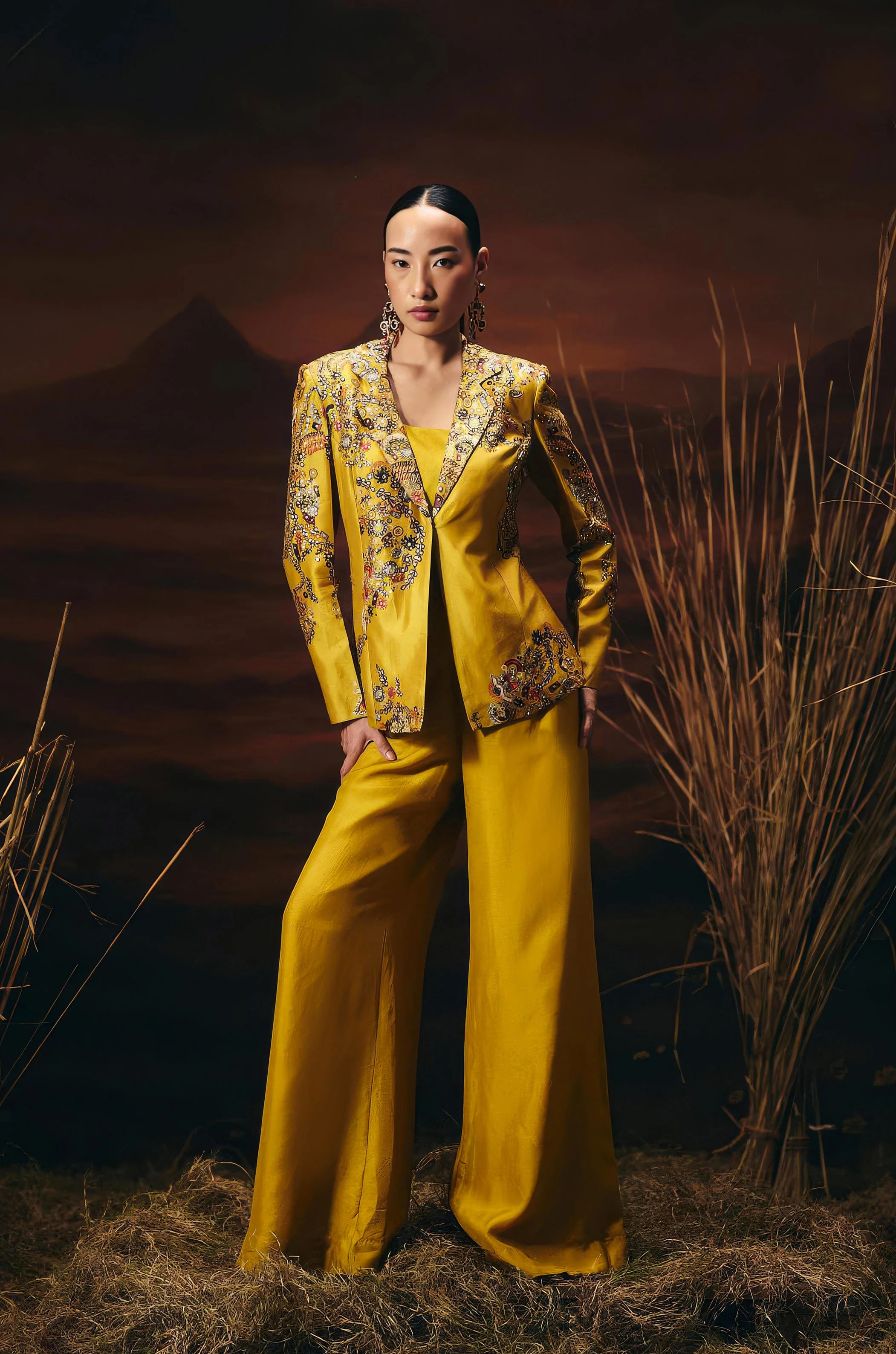Marigold Yellow Embellished Chinon Silk Co-Ord Set