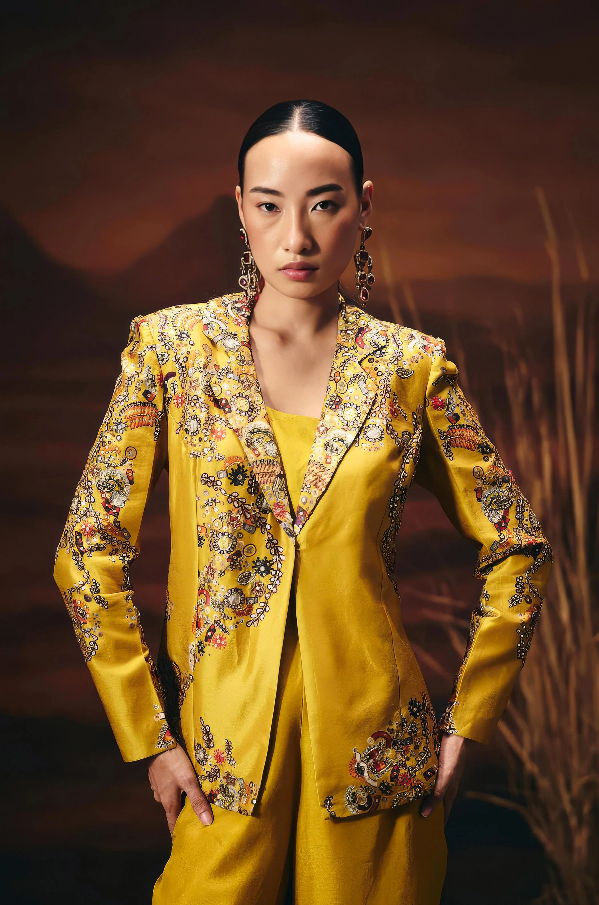 Marigold Yellow Embellished Chinon Silk Co-Ord Set - Image 3