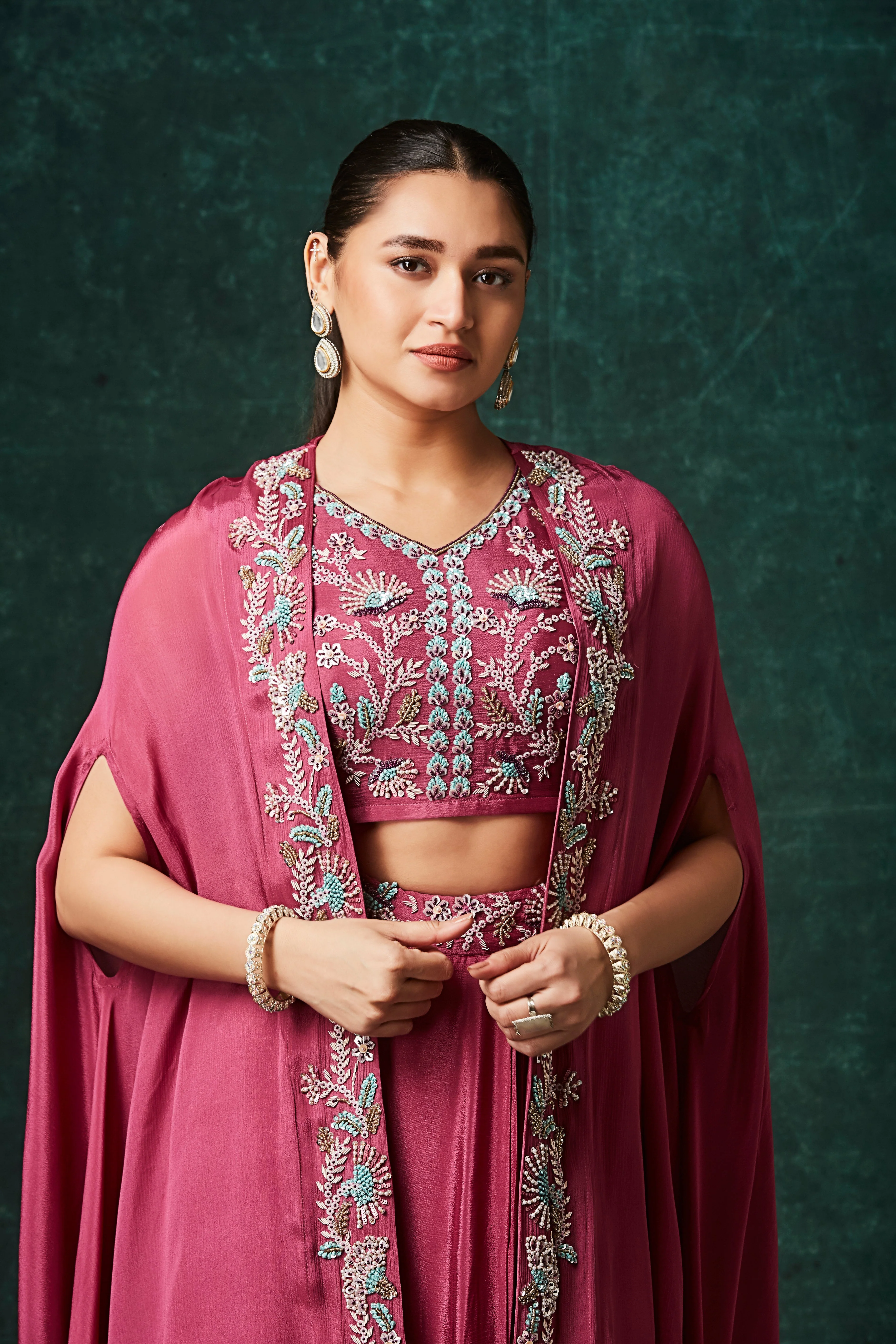 Rich Pink Embellished Chinon Silk Cape Set - Image 2