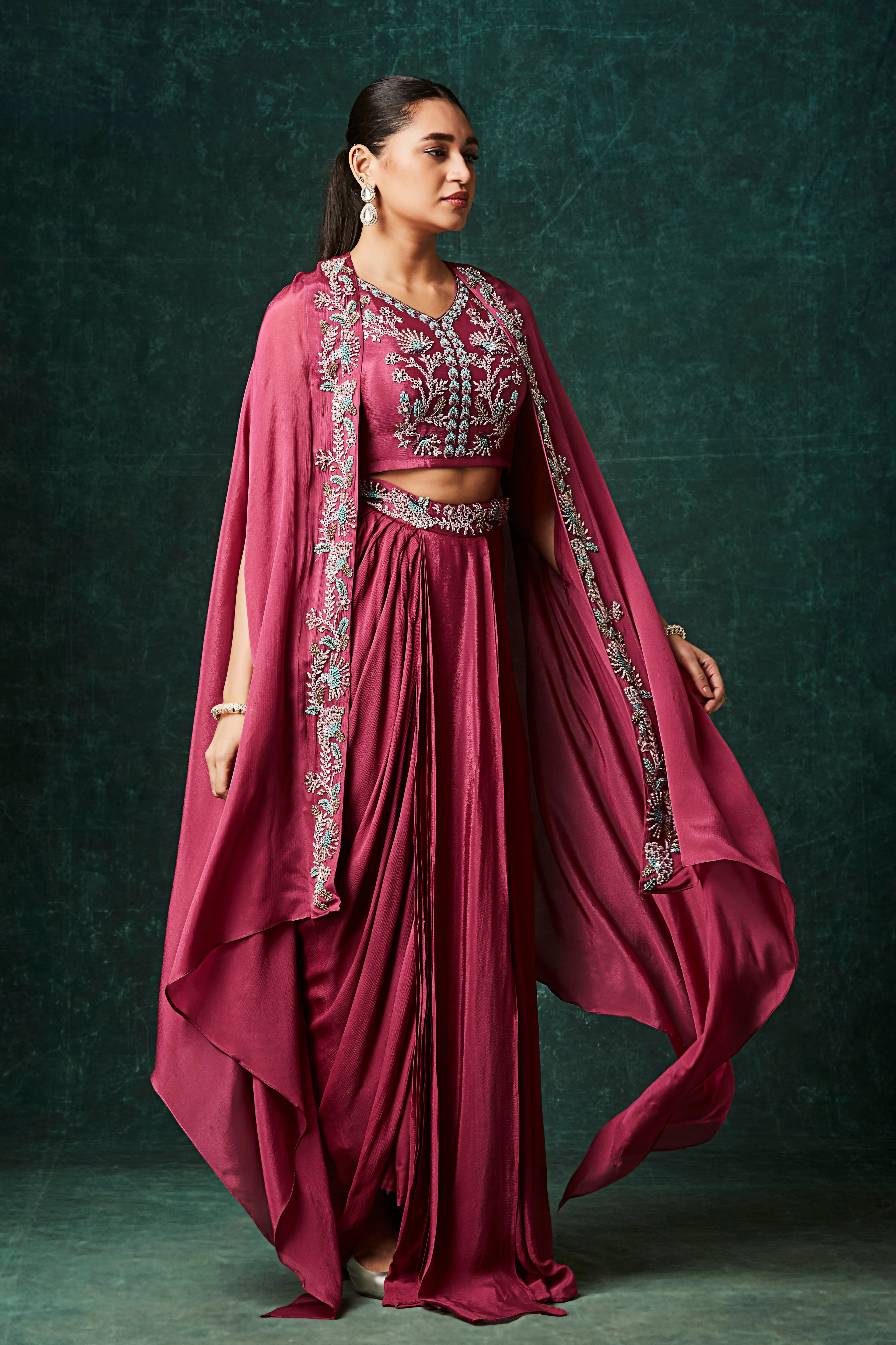 Rich Pink Embellished Chinon Silk Cape Set - Image 3