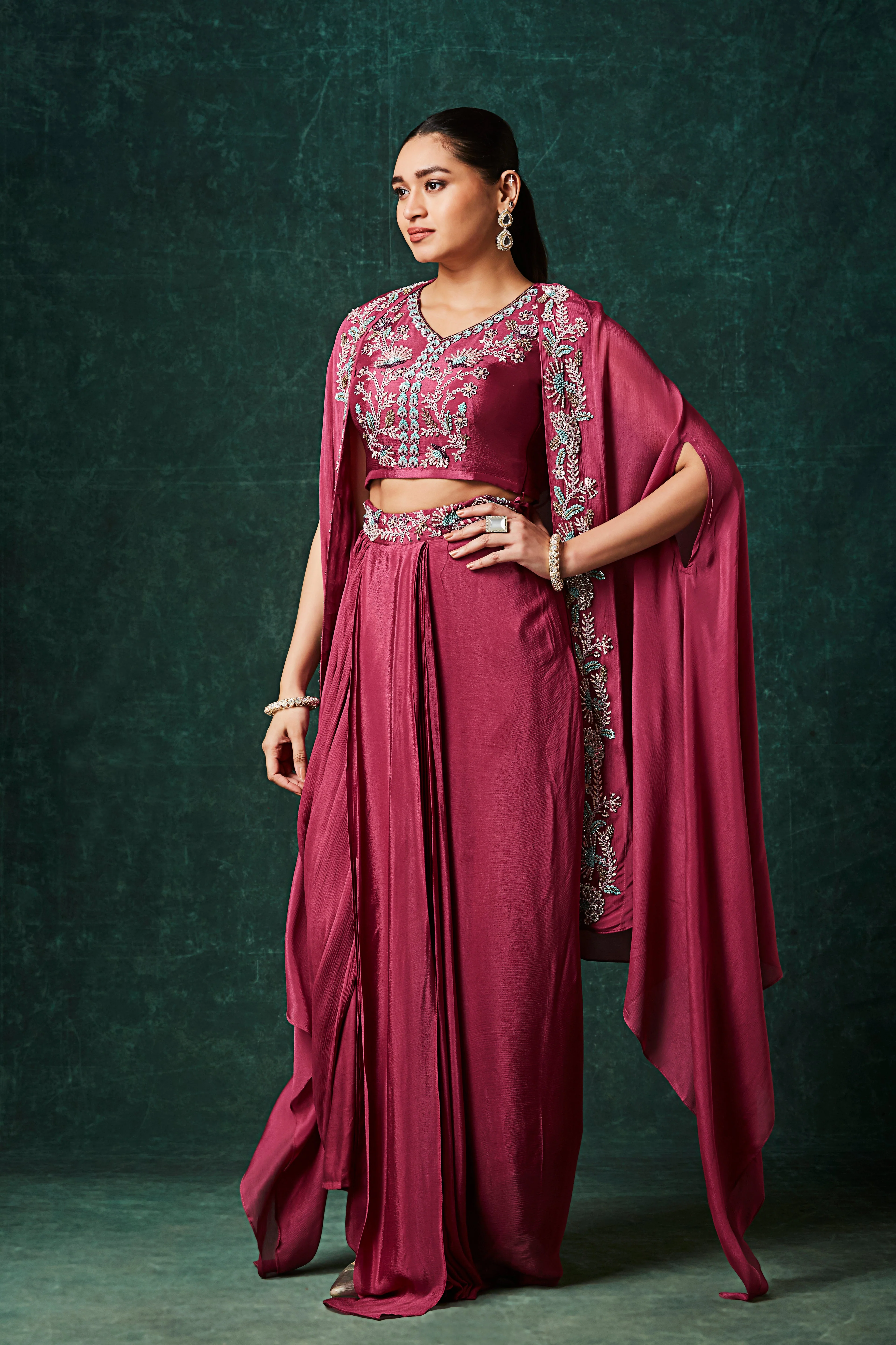 Rich Pink Embellished Chinon Silk Cape Set - Image 4