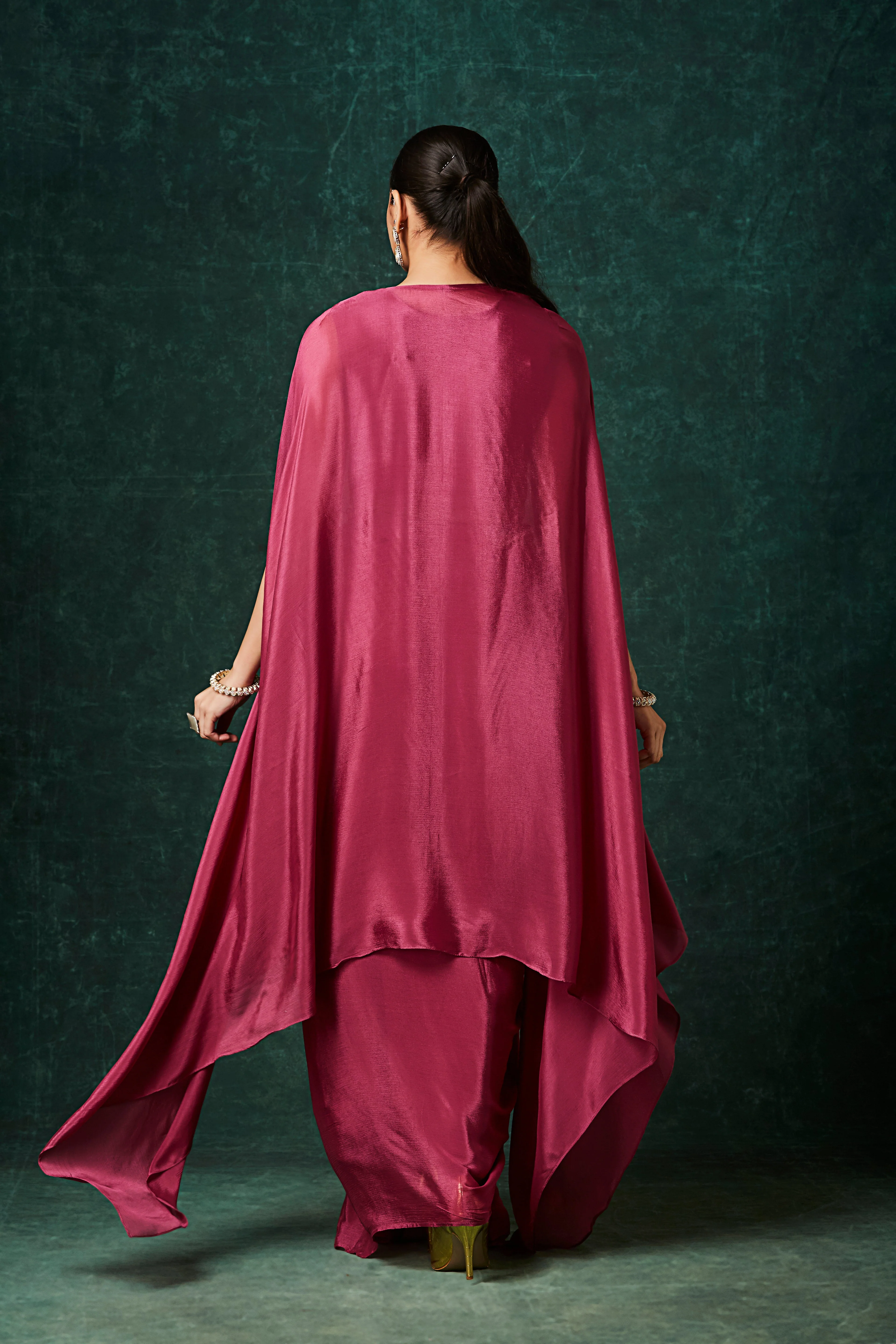 Rich Pink Embellished Chinon Silk Cape Set - Image 5
