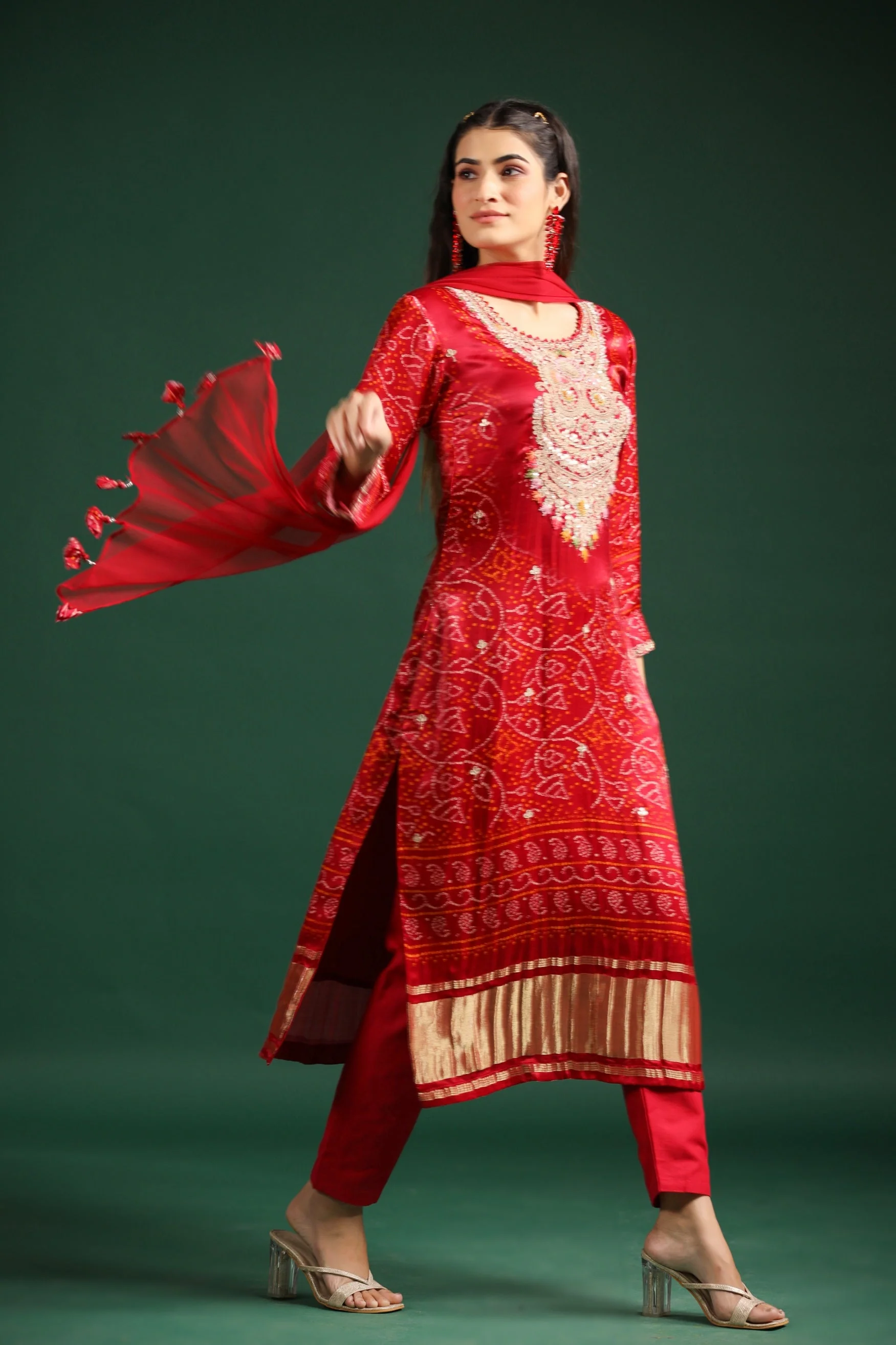 Maroon Bandhej Printed Pants Set - Image 3