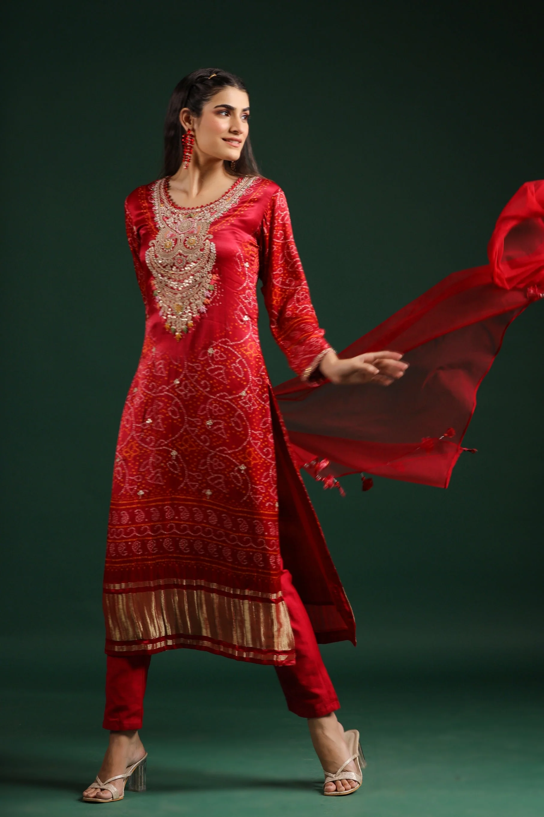 Maroon Bandhej Printed Pants Set - Image 4