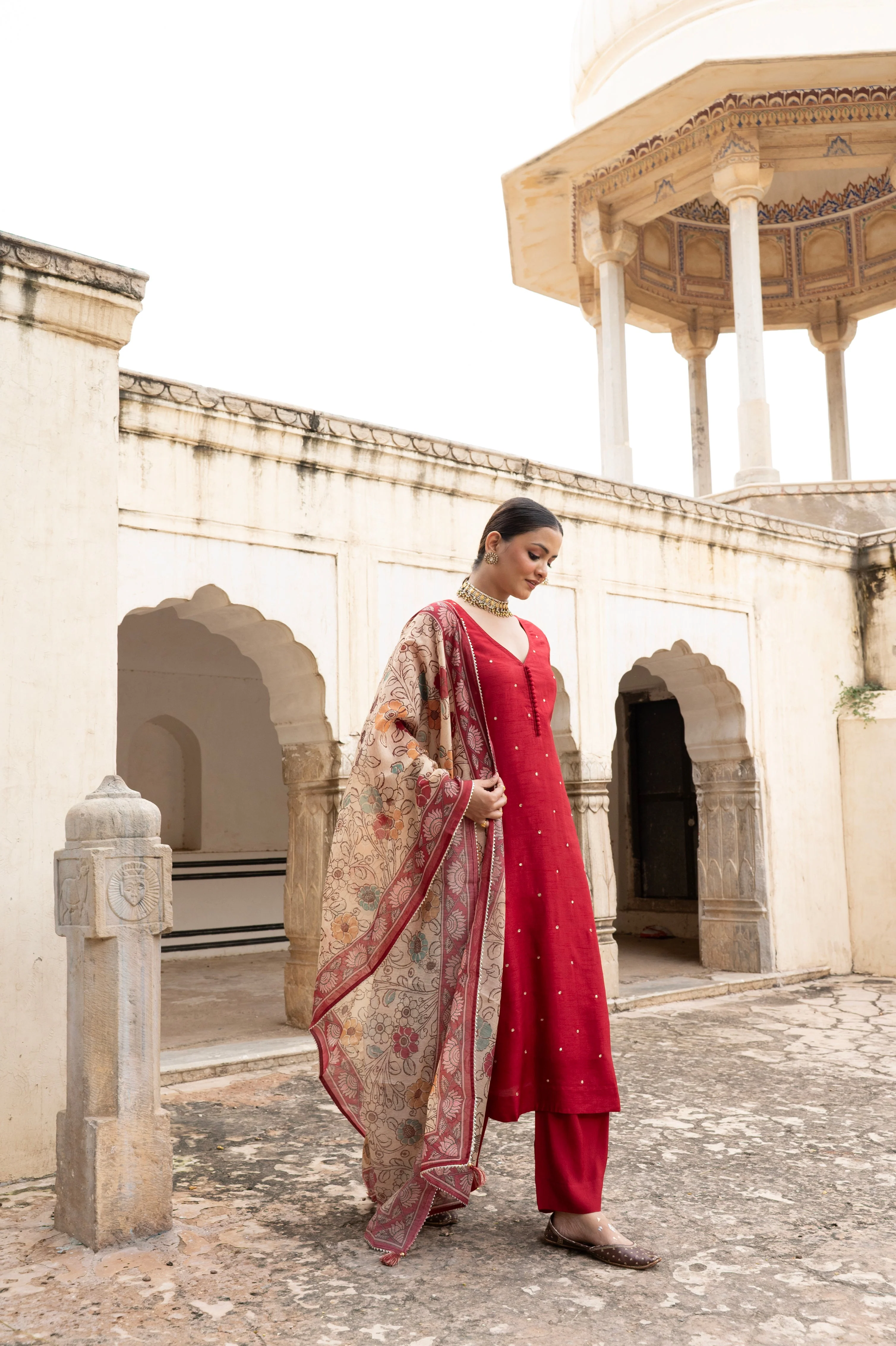 Maroon Embellished Dola Silk Pant Set - Image 5