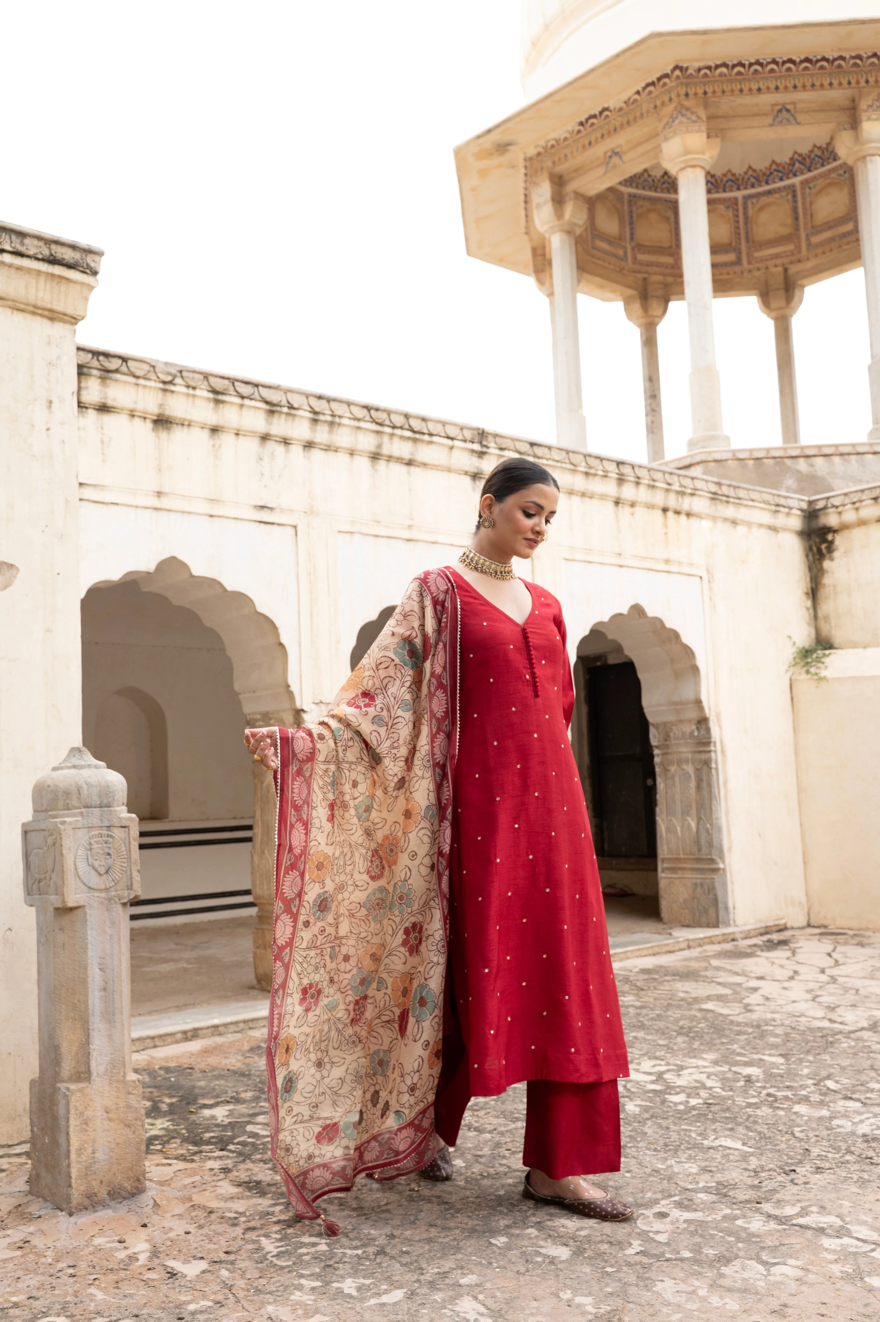 Maroon Embellished Dola Silk Pant Set - Image 6
