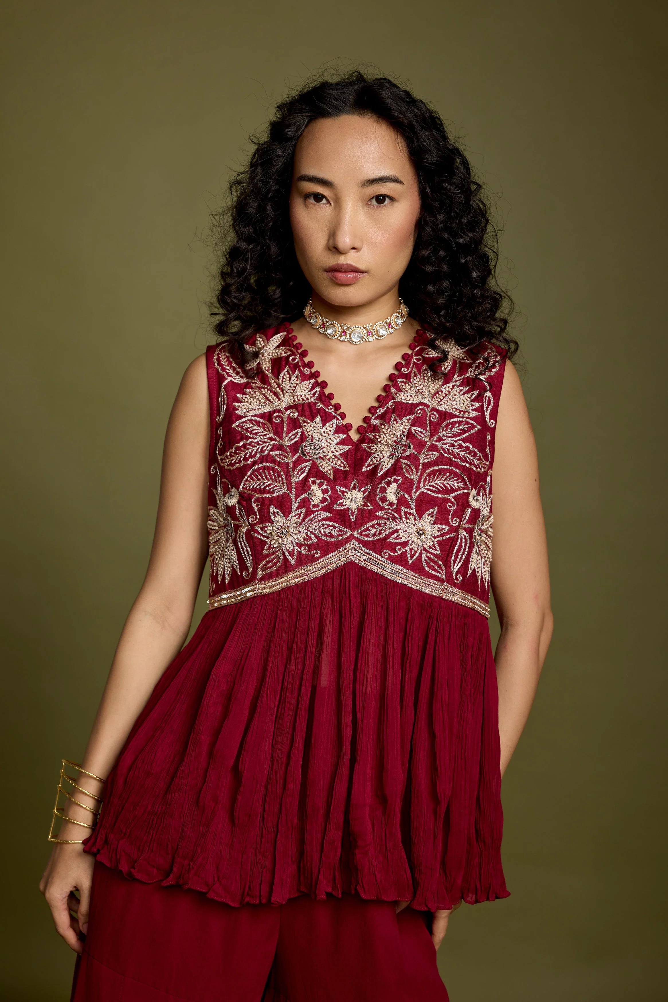 Maroon Red Embellished Georgette Silk Co-Ord Set - Image 4
