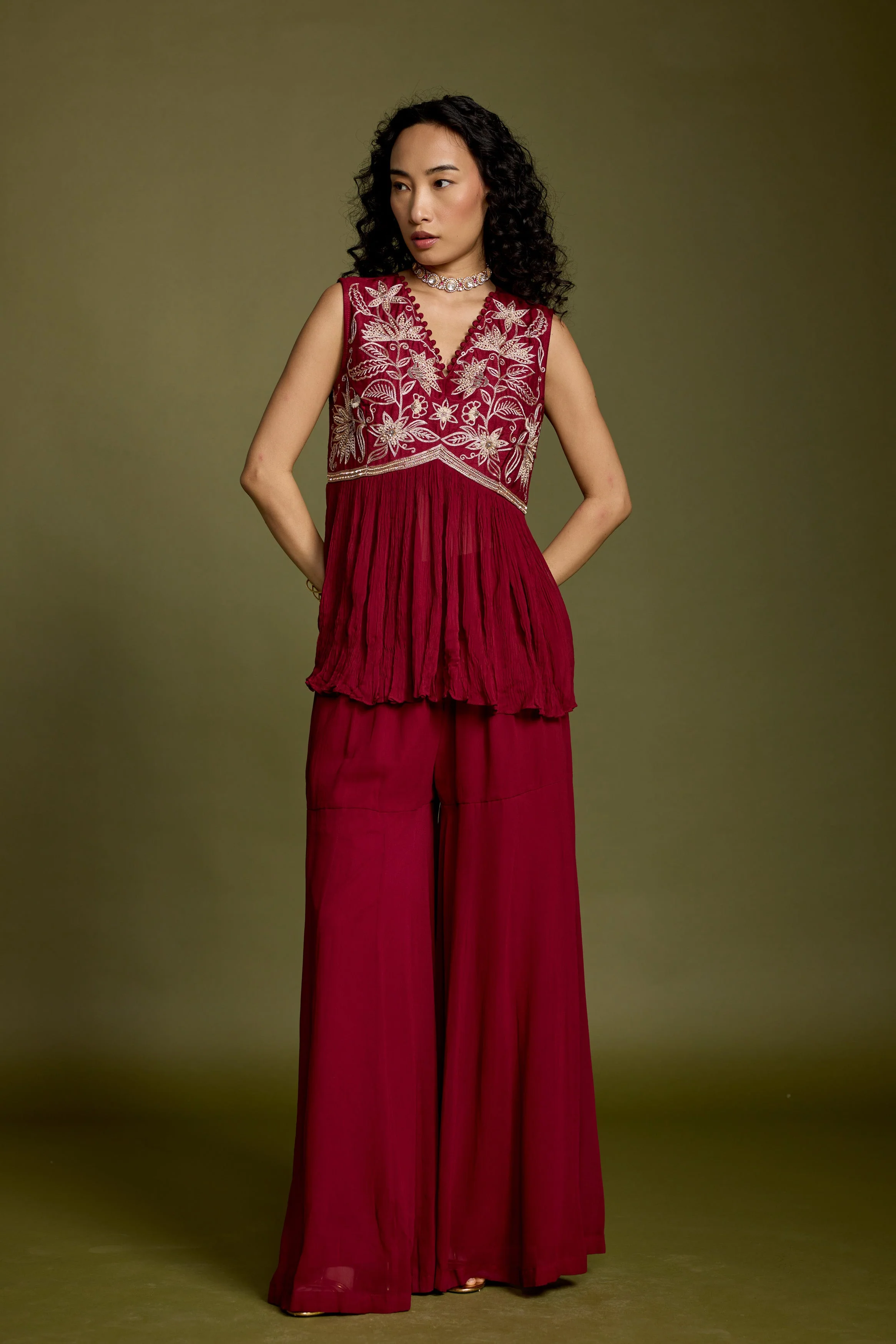 Maroon Red Embellished Georgette Silk Co-Ord Set - Image 5