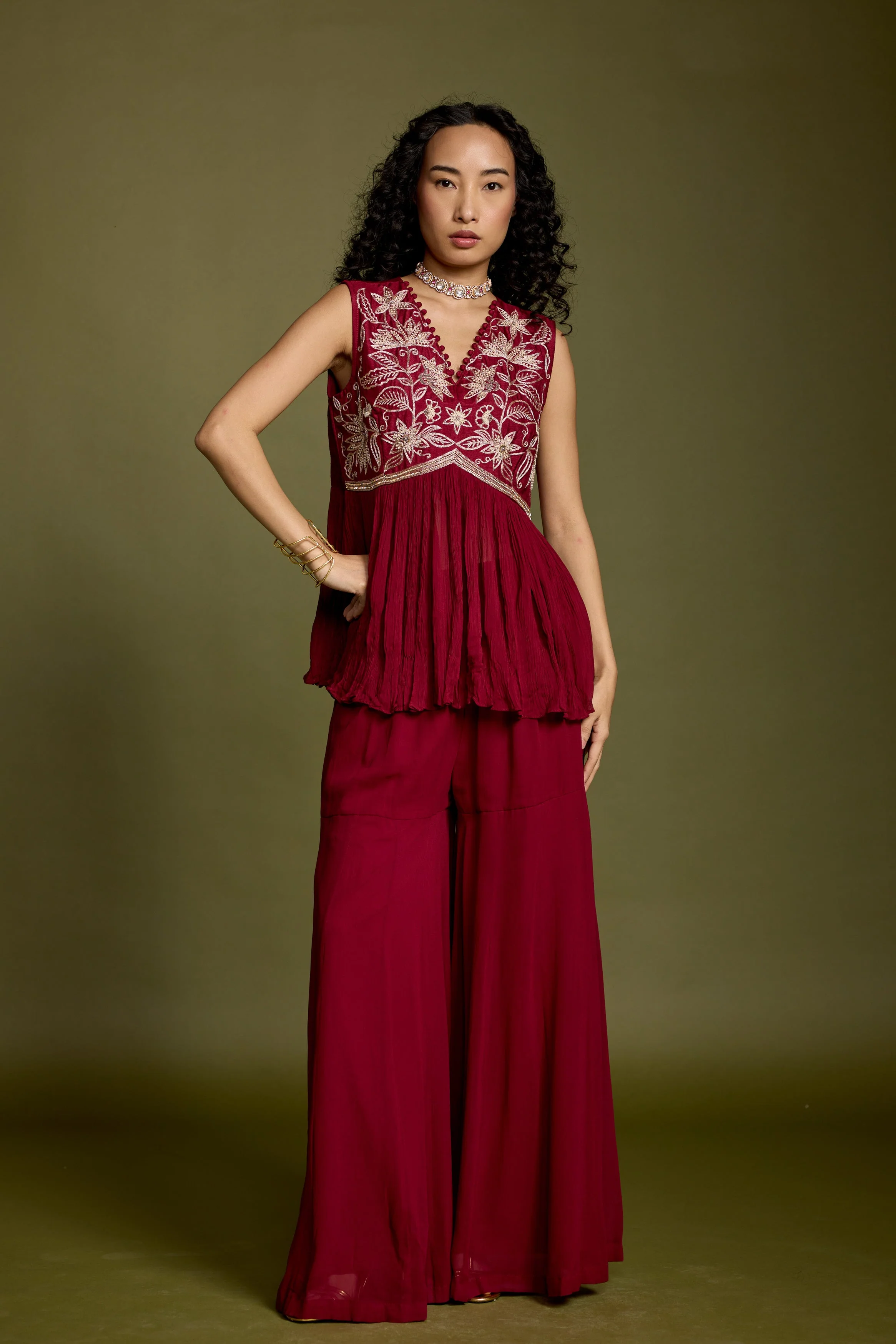 Maroon Red Embellished Georgette Silk Co-Ord Set - Image 6
