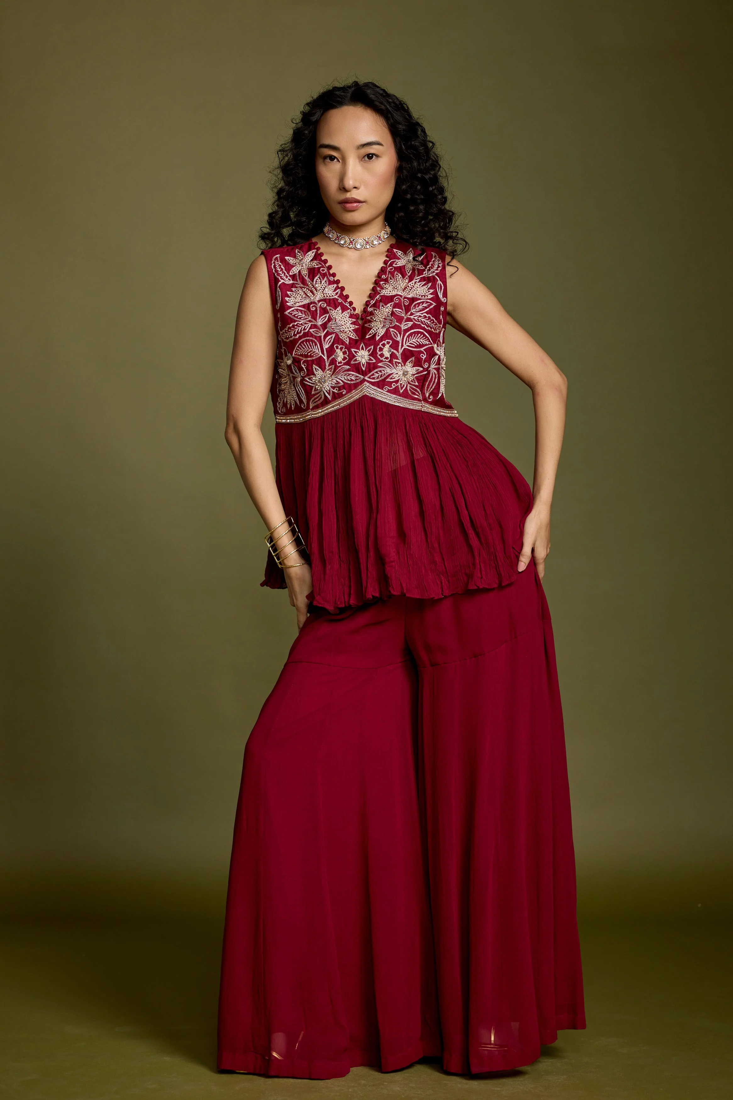 Maroon Red Embellished Georgette Silk Co-Ord Set - Image 7