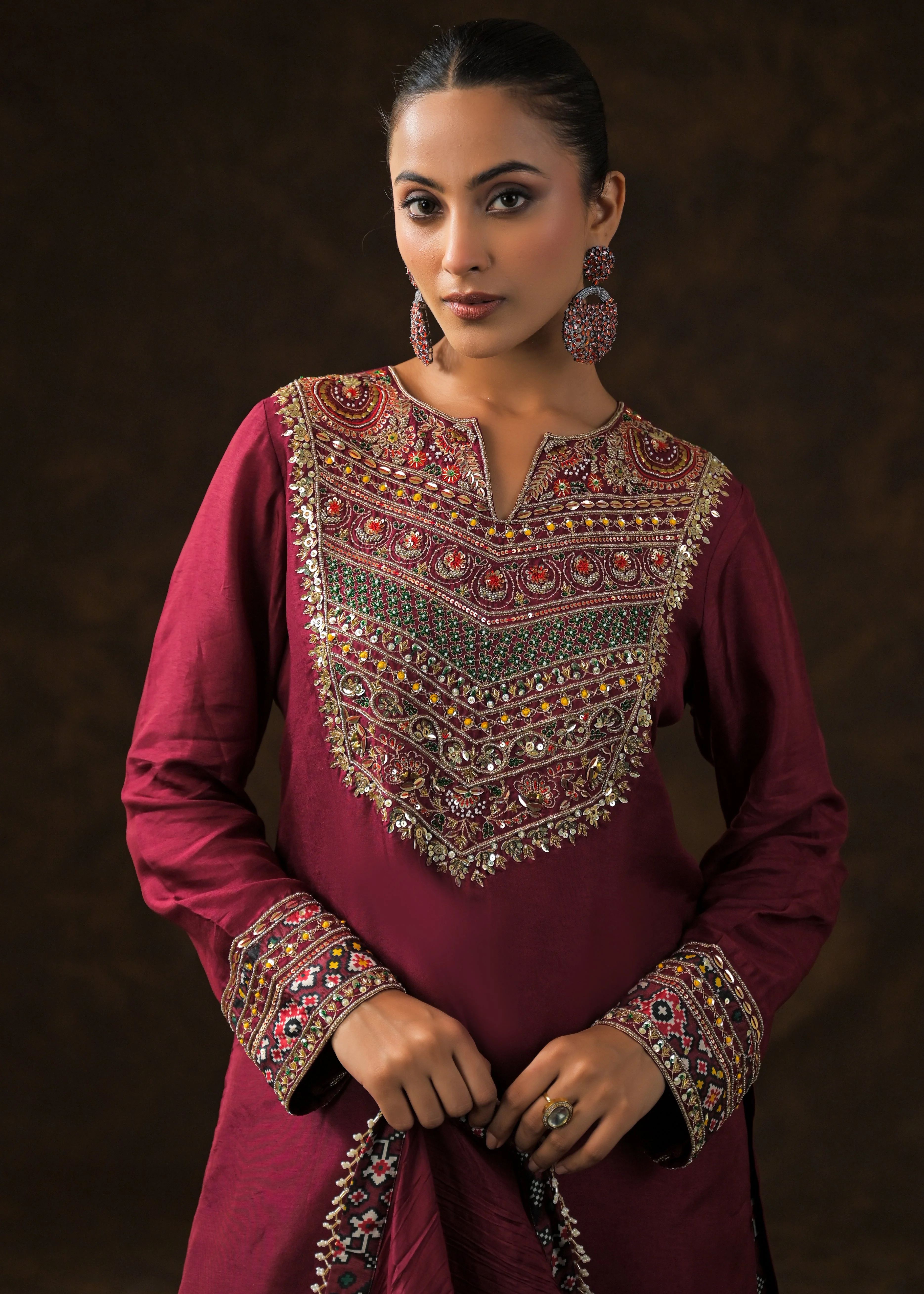 Magestic Maroon Embellished Raw Silk Palazzo Set - Image 4