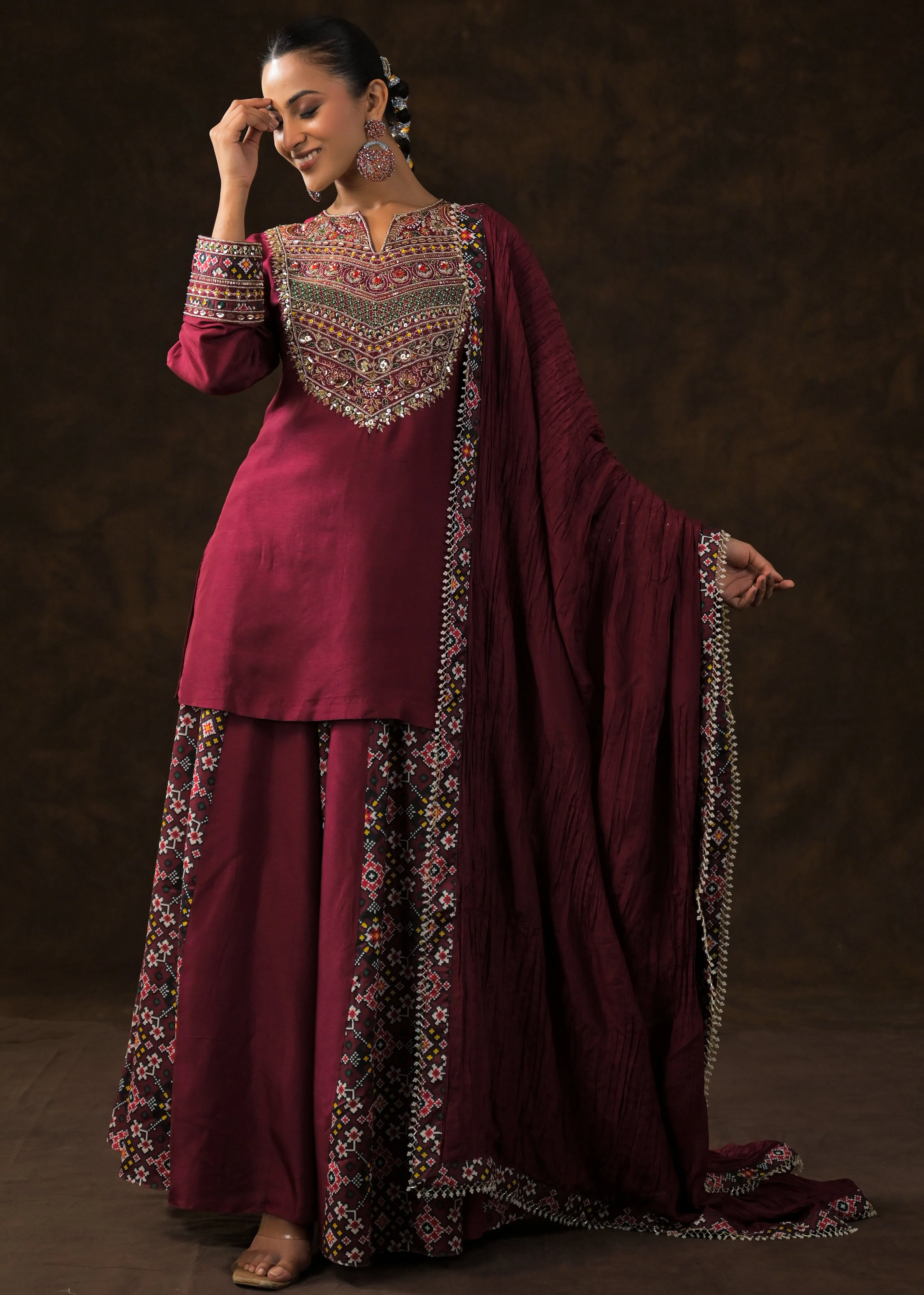 Magestic Maroon Embellished Raw Silk Palazzo Set - Image 5