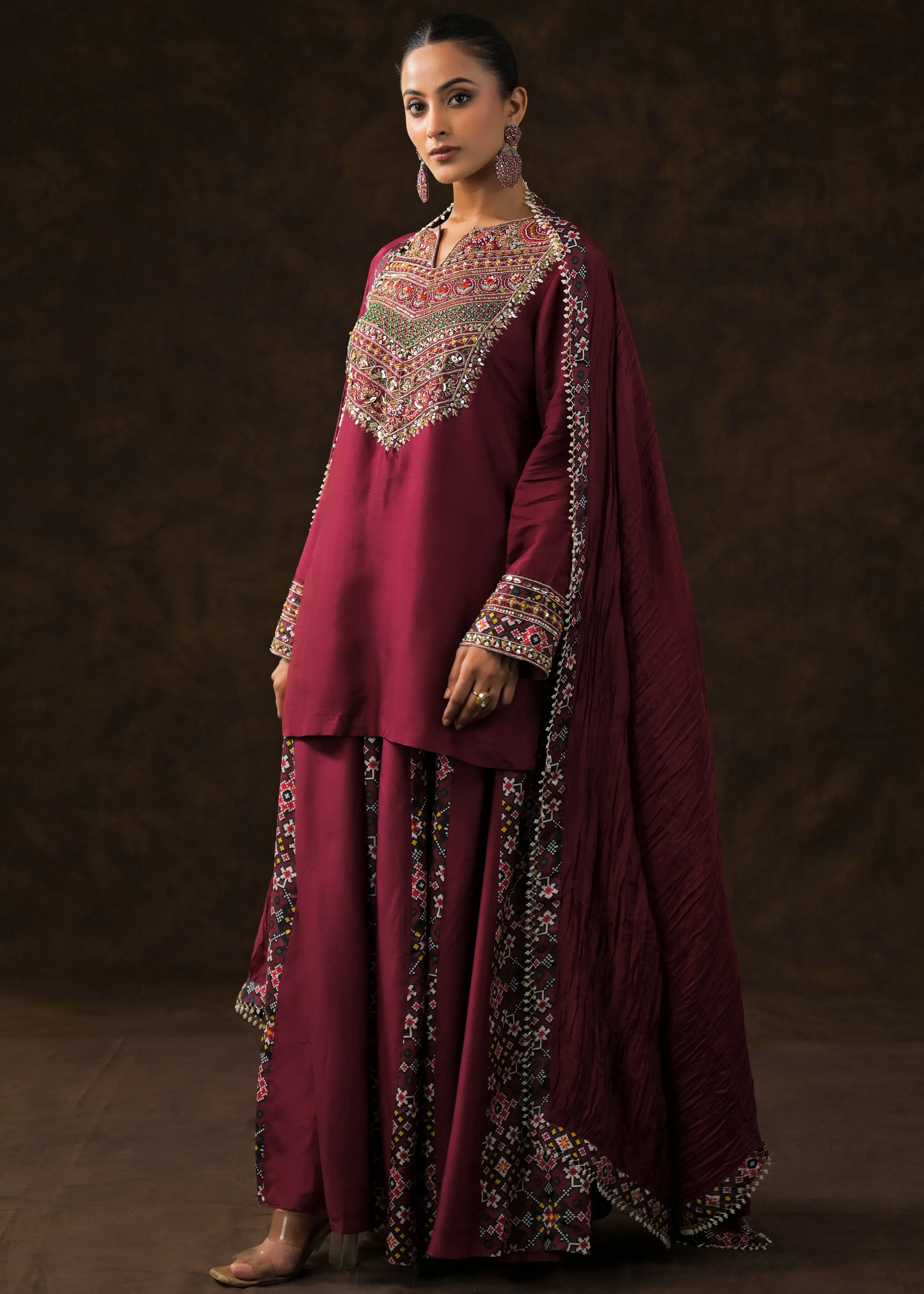 Magestic Maroon Embellished Raw Silk Palazzo Set - Image 7